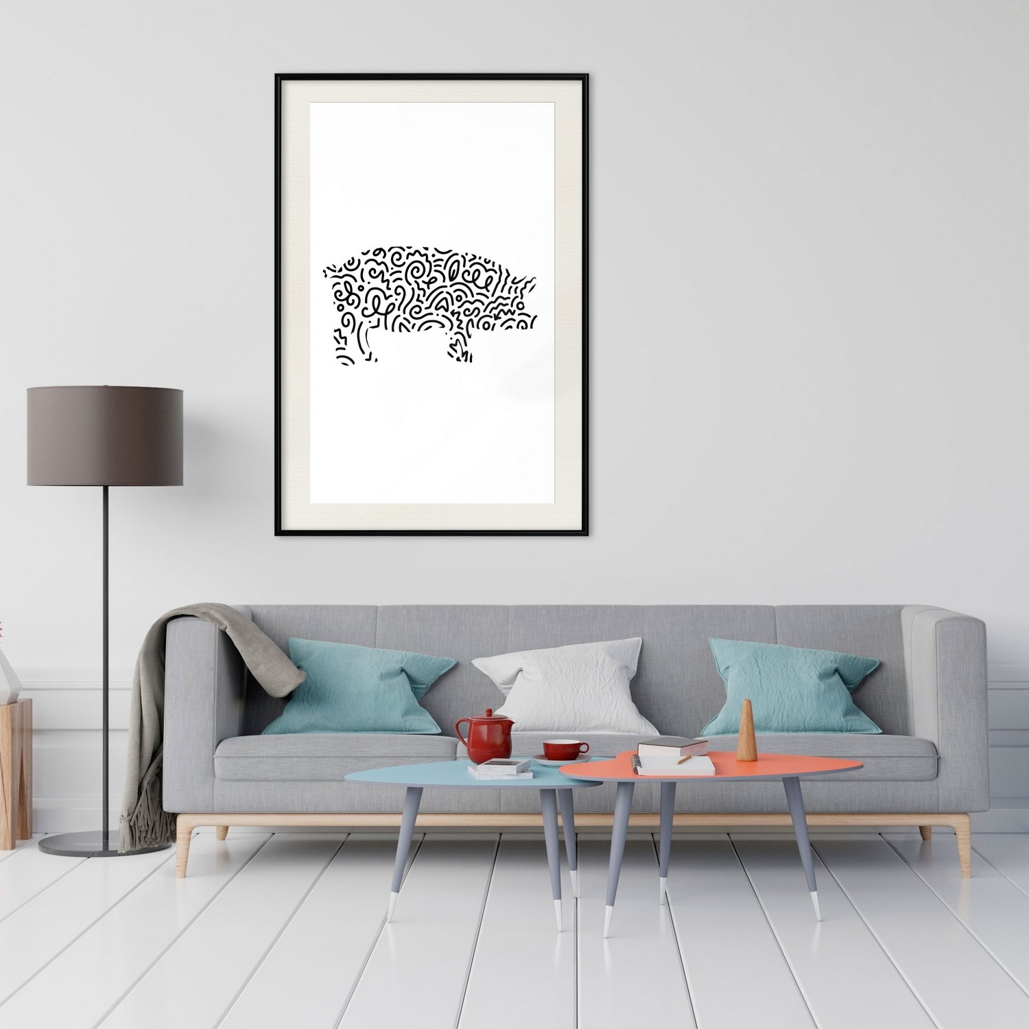 Affisch - Black and White Piggy [Poster] 40x60 Svart ram med passepartout, 40x60 cm