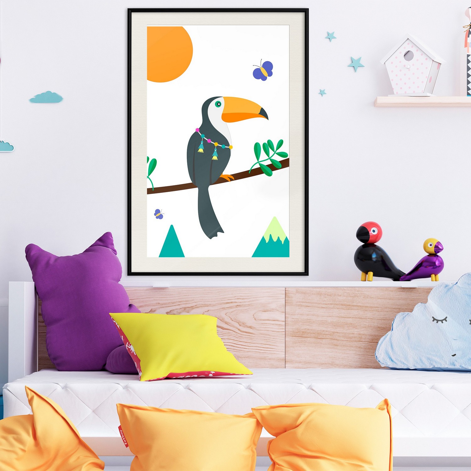 Affisch - Toucan And Butterflies [Poster] 30x45 Svart ram med passepartout, 30x45 cm
