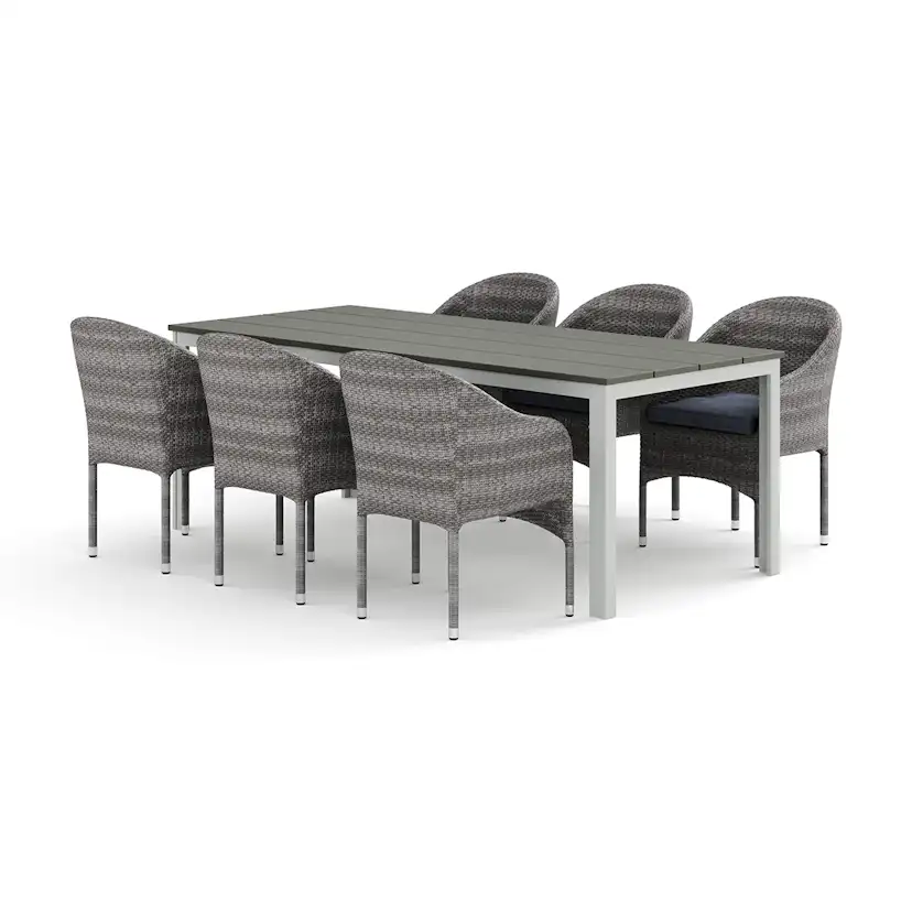 Trädgårdsgrupp Comfort Garden Tunis utomhus matgrupp 205x90 cm med 6 Thor fåtöljer