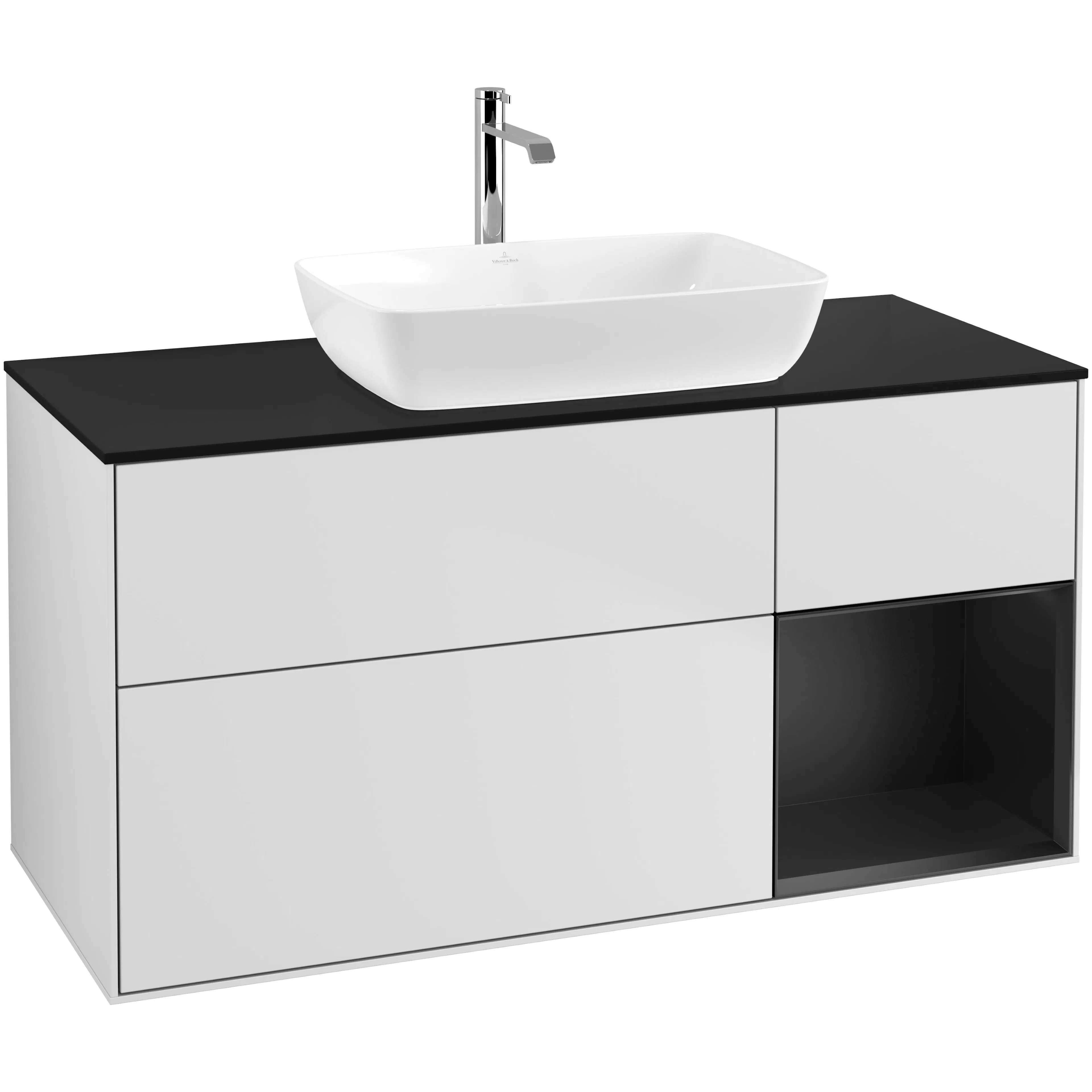 Tvättställsskåp Villeroy & Boch Finion F832PDMT Vit Mattlack/Svart Mattlack med bänkskiva i Mattsvart glas, Lucka Höger Med Blandarhål
