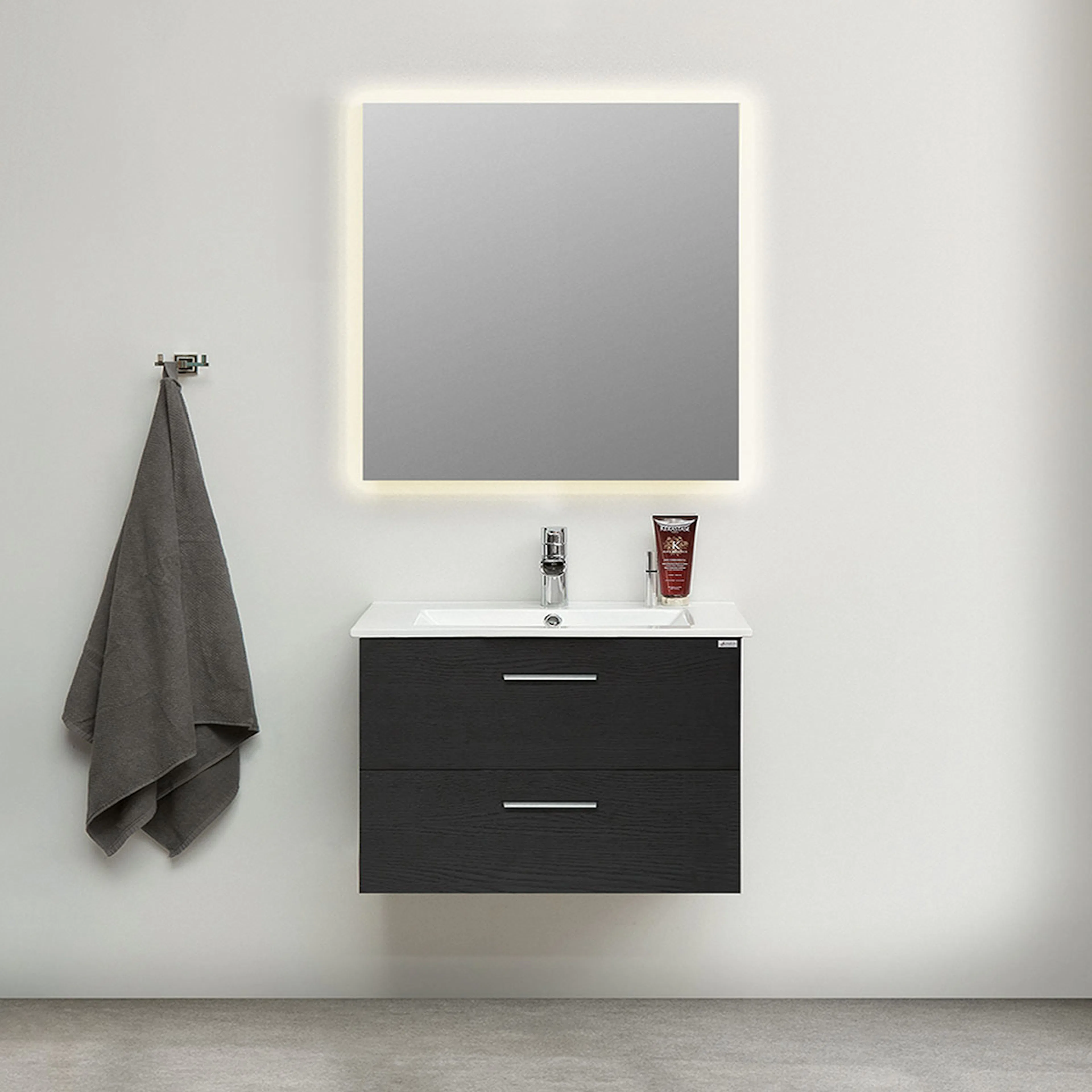 Möbelpaket 4AQUA Slim Svart Ek 80 med Lådor och Spegel Luna LED