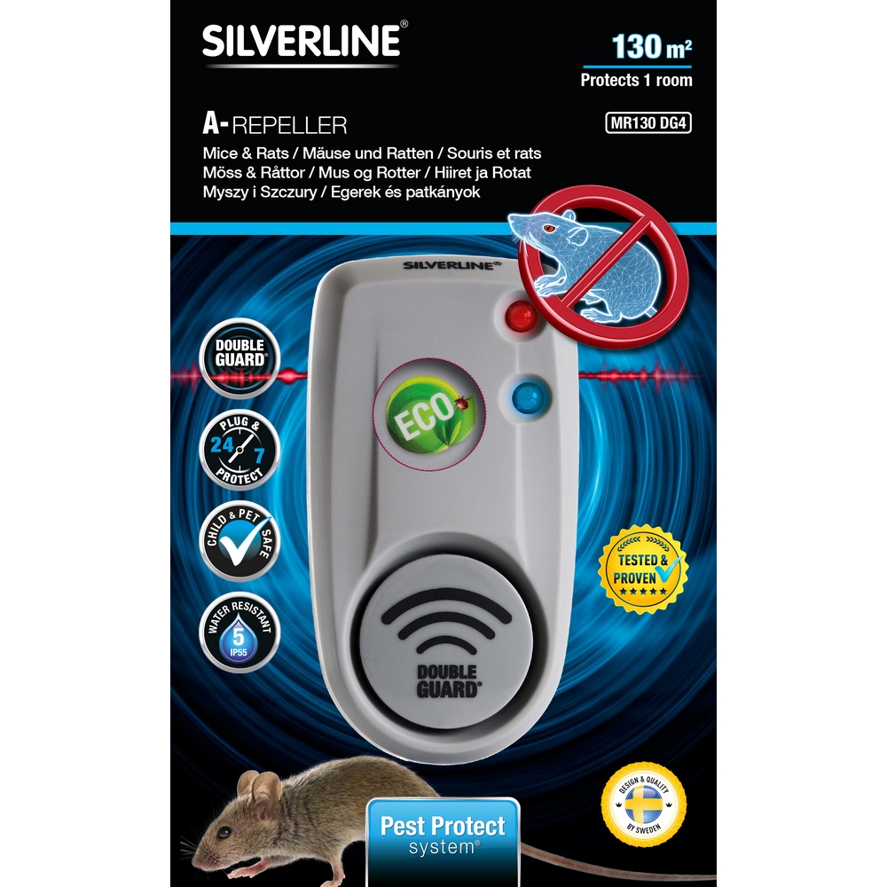 Mus- & Råttskrämma Silverline Avskräckare MR130 DG4 med A-Guard Ultraljud & Electro Pulse
