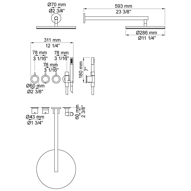 Takduschset Vola 5471R-061 för Inbyggnad