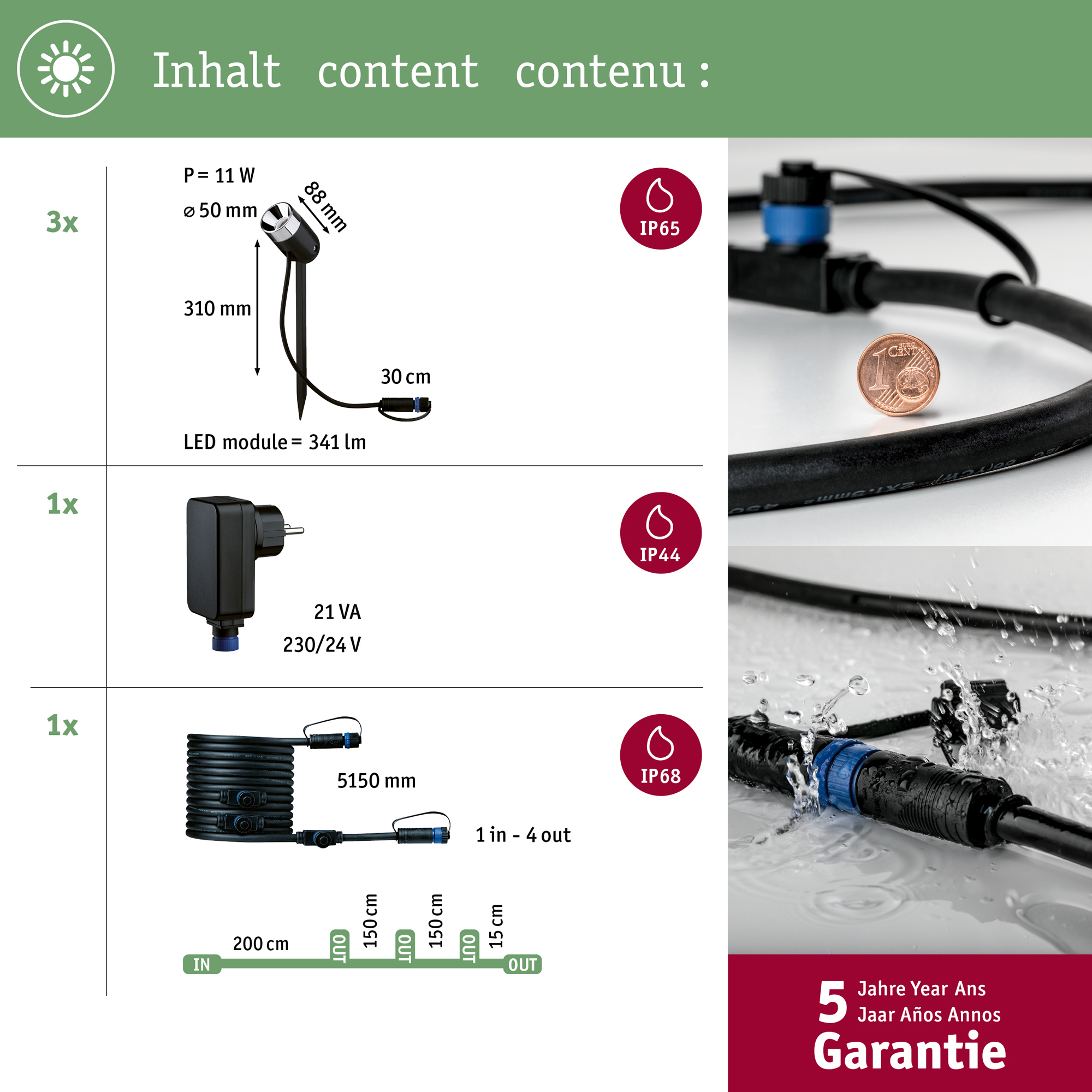 Spotlight Paulmann Pike Plug & Shine LED  Smart Home Zigbee 3.0 Pike IP65 24V 3-pack med Transformator och Kabel