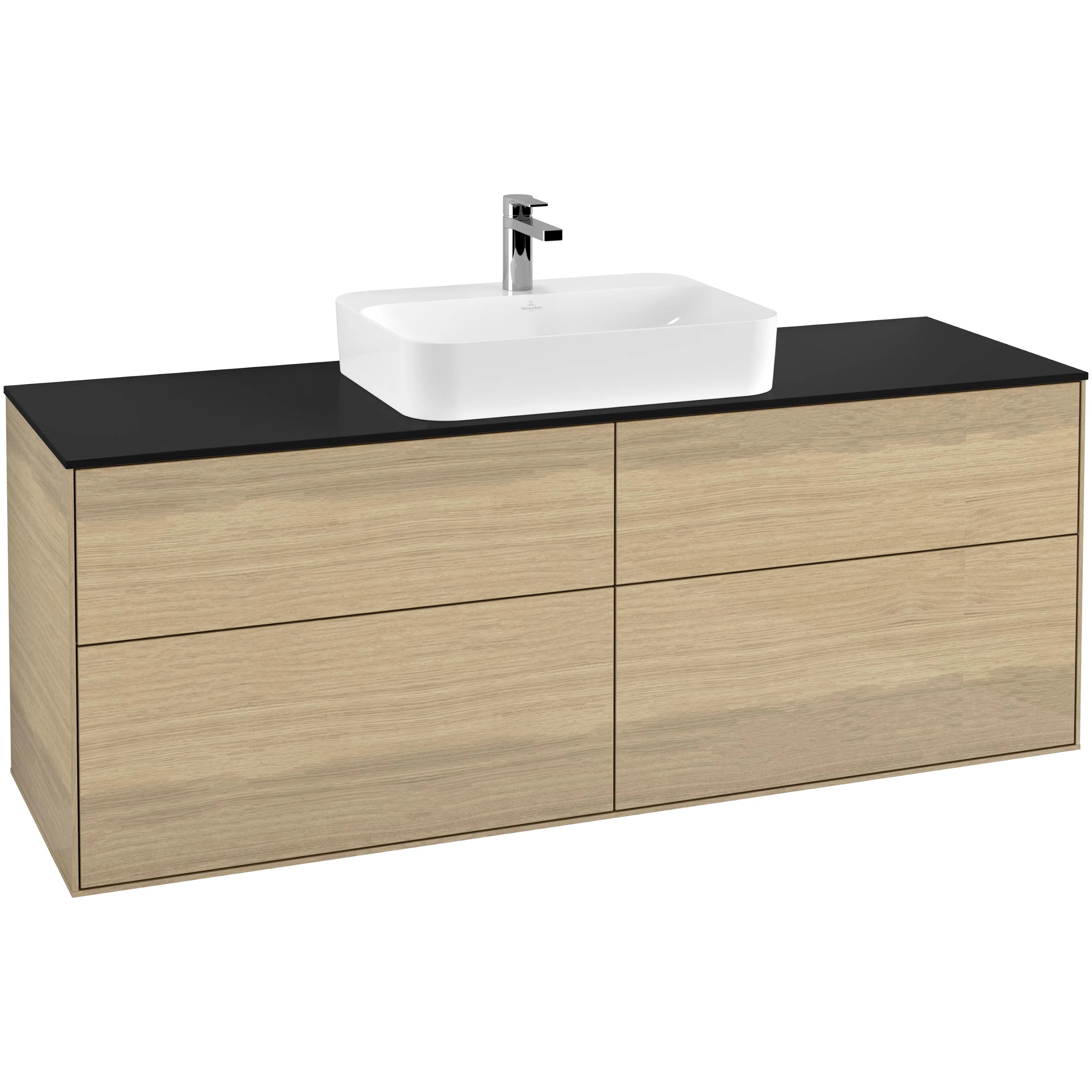Tvättställsskåp Villeroy & Boch Finion G44200PC Ekfanér, B: 1600 mm med bänkskiva i Mattsvart glas med Väggbelysning