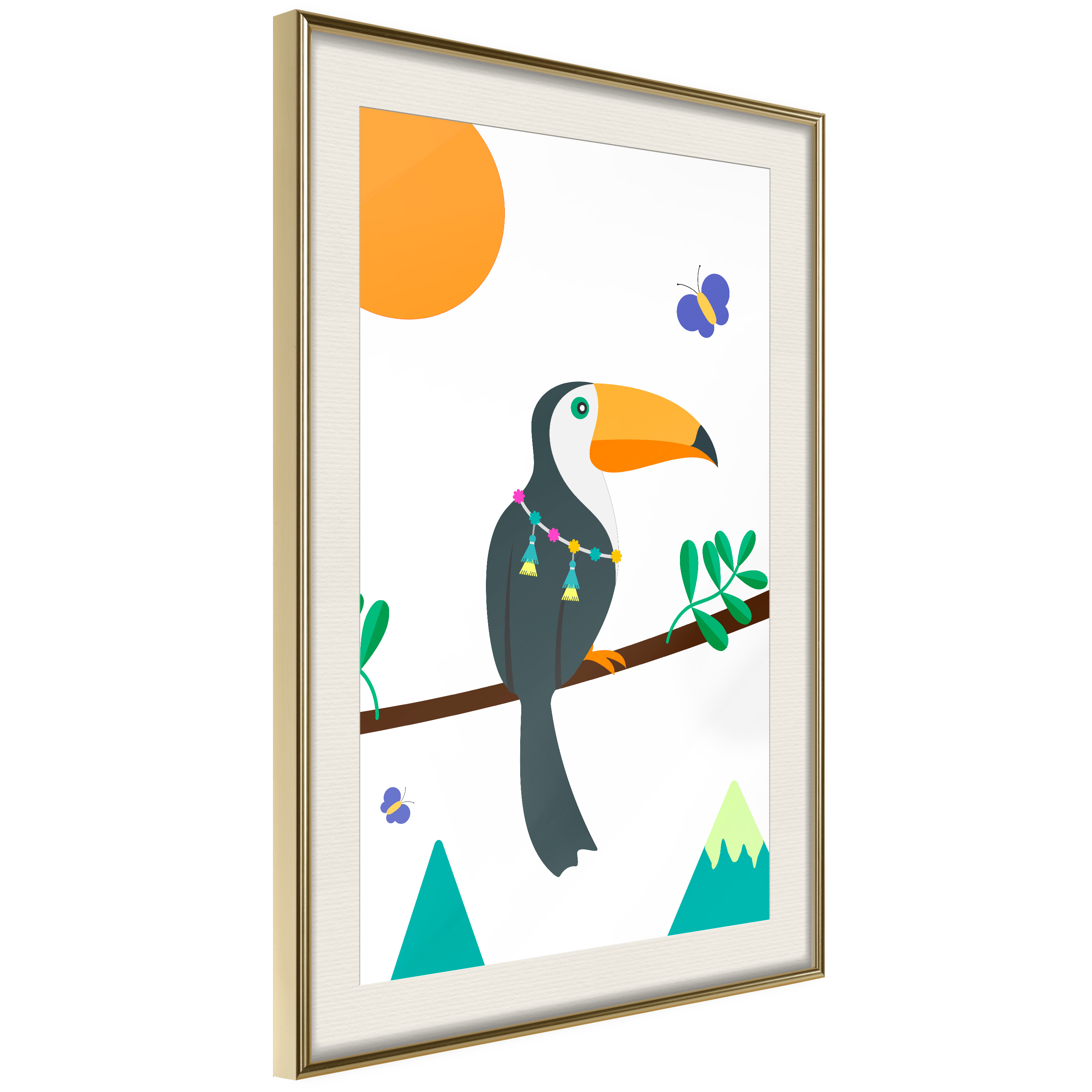 Affisch - Toucan And Butterflies [Poster] 40x60 Guld ram med passepartout, 40x60 cm
