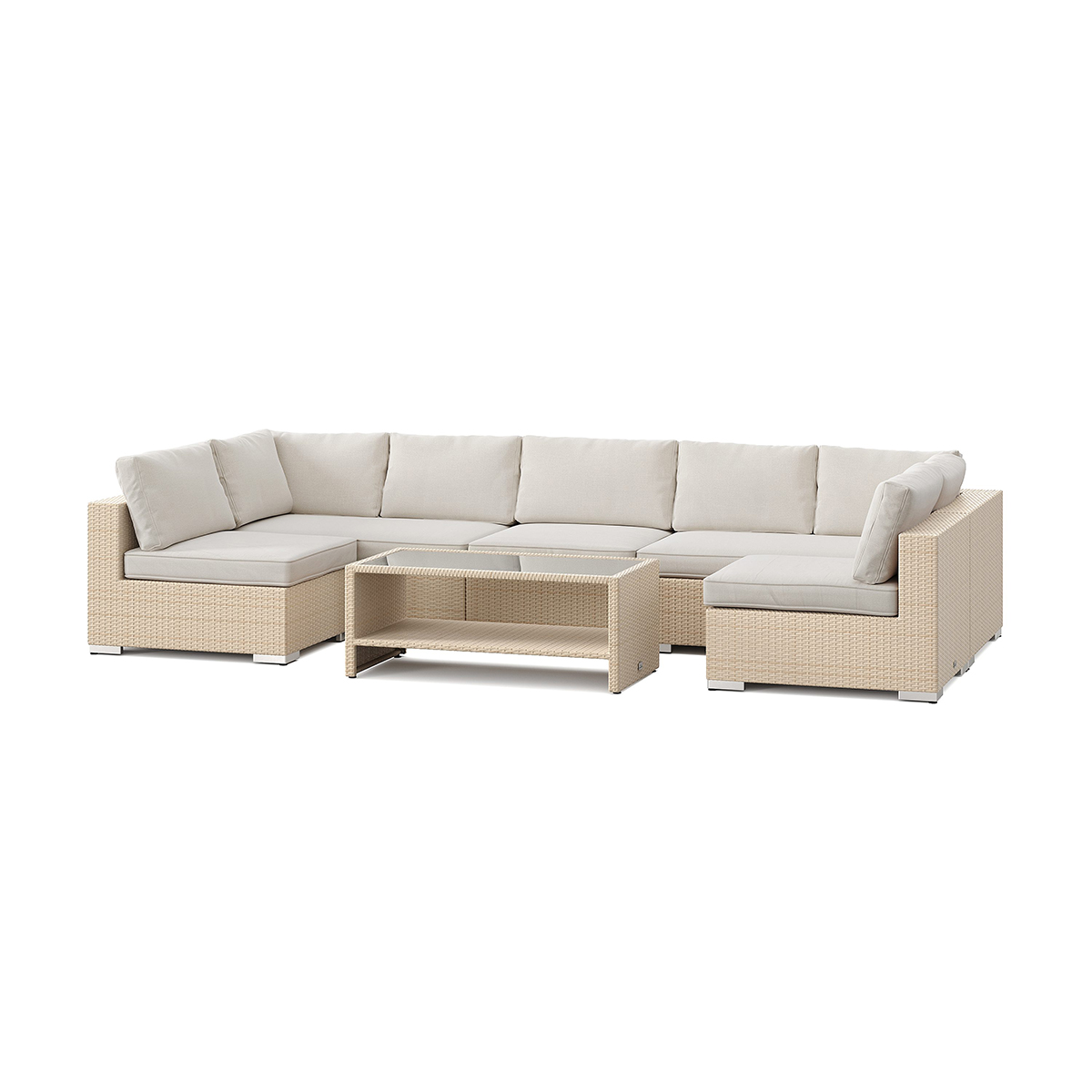 Loungegrupp Comfort Garden Bahamas U-formad utomhus loungegrupp med öppet avslut, 7-sits med bord och hylla
