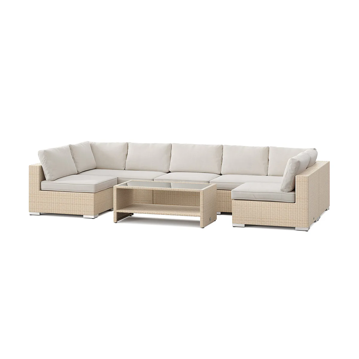 Loungegrupp Comfort Garden Bahamas U-formad utomhus loungegrupp med öppet avslut, 7-sits med bord och hylla