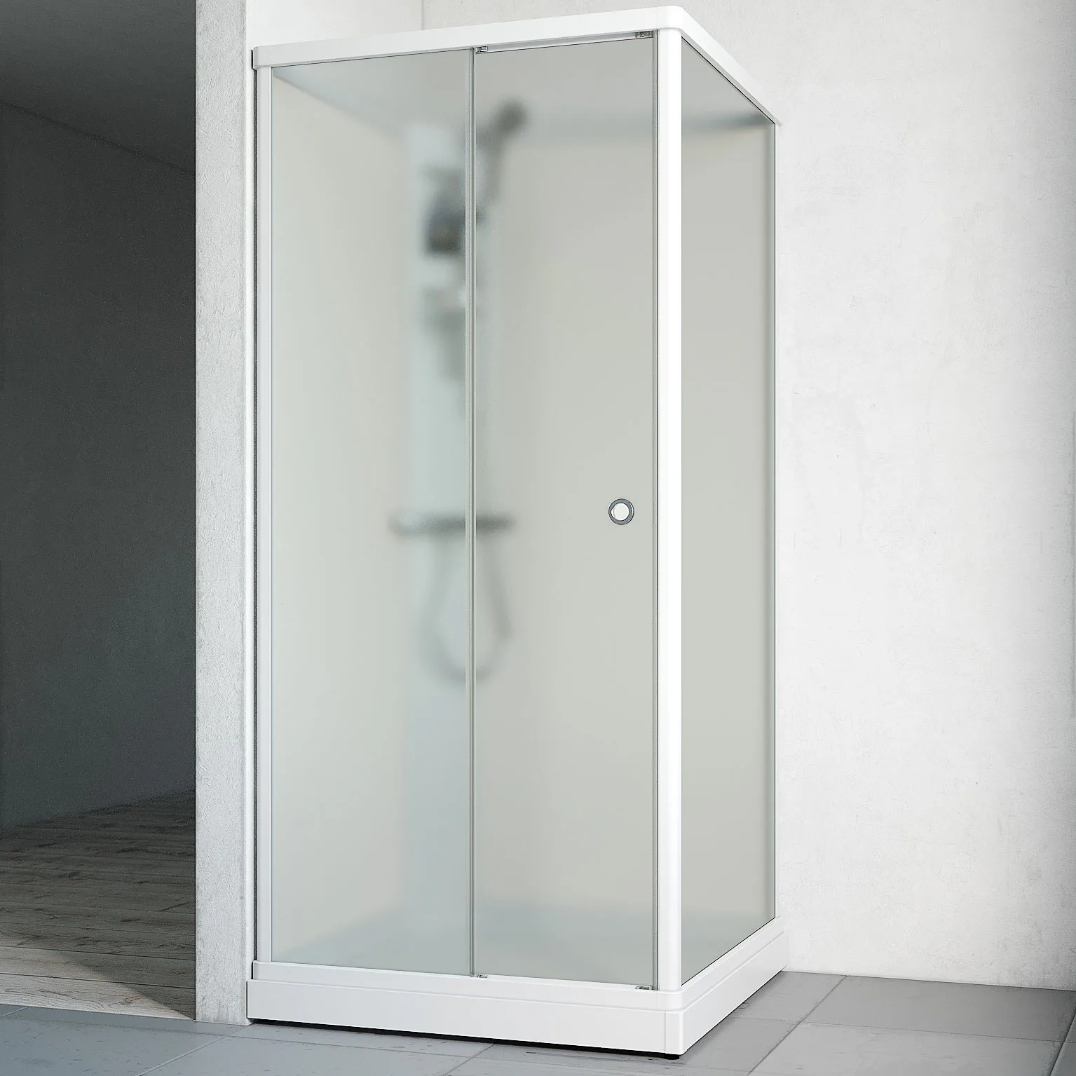 Duschkabin Macro Design Flow Front med Blandare, 910x910 mm, Vit Profil, Ice/Vit bakvägg