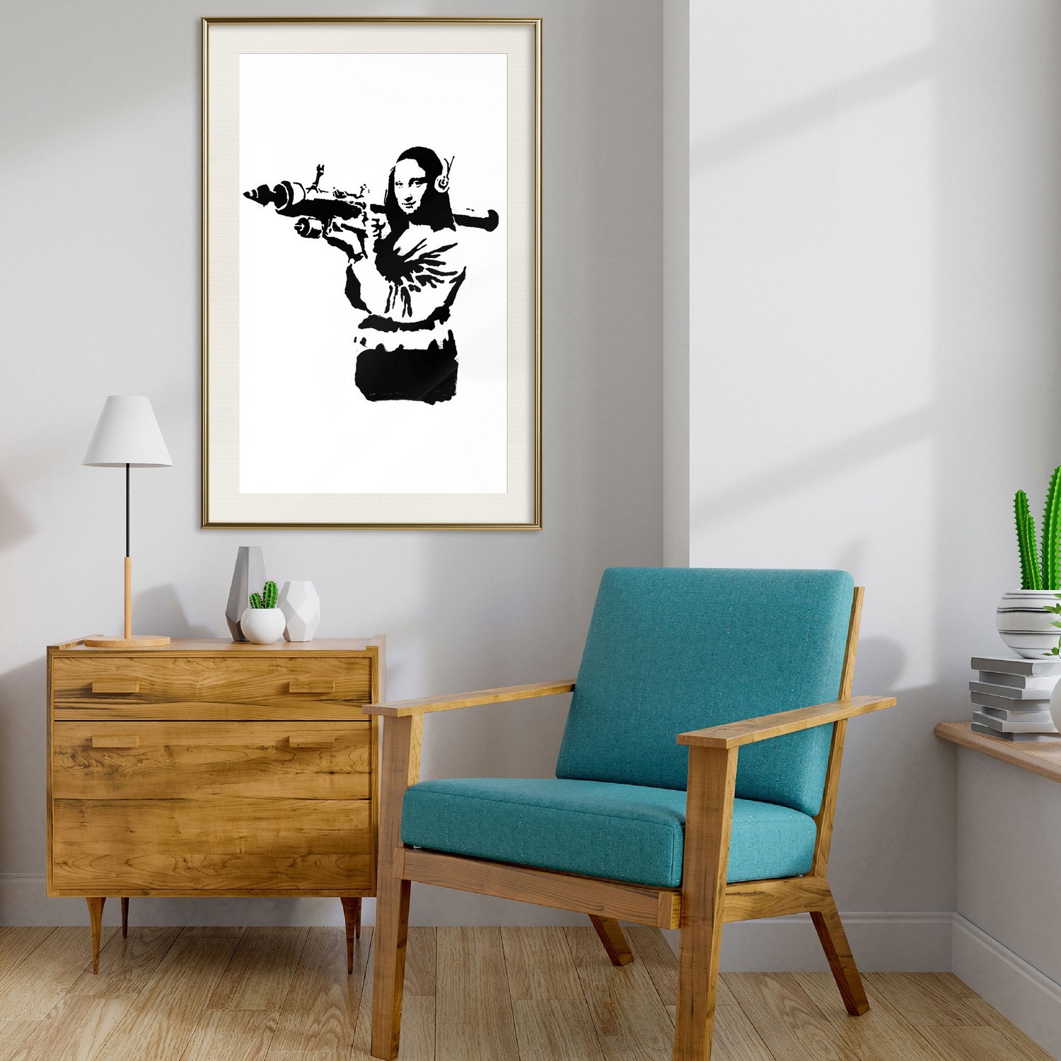 Affisch - Banksy Mona Lisa with Rocket Launcher [Poster] 20x Guld ram med passepartout, 20x30 cm