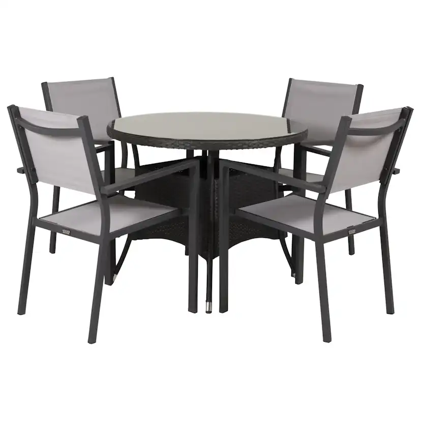 Volta bord-Svart-ø90+Copacabana stol-Svart Alu/Grå Textil4 Svart Bord, Grå Stol
