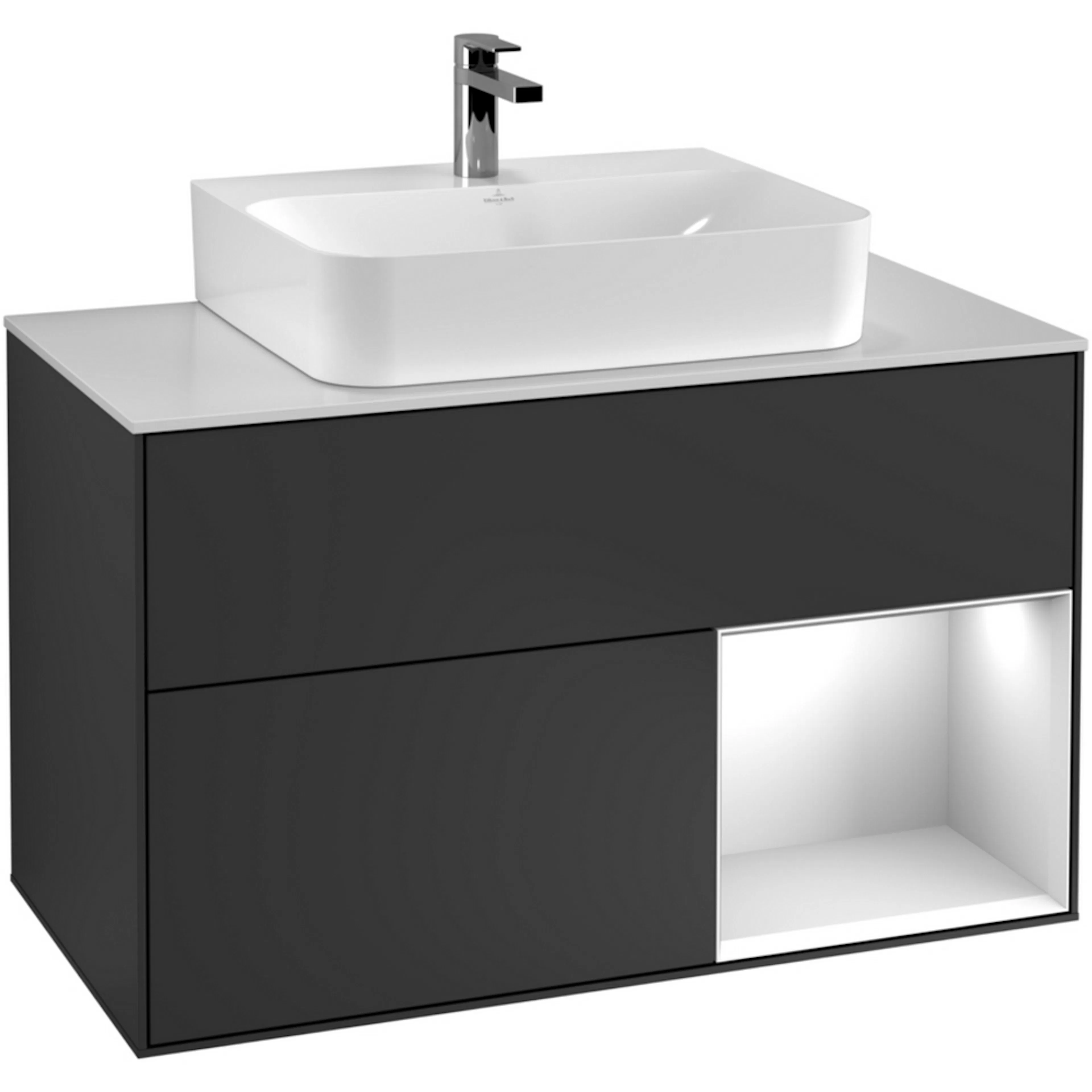 Tvättställsskåp Villeroy & Boch Finion F121GFGK Antracitgrå Mattlack/Vit Högblank med bänkskiva i Mattvitt glas, Lucka Höger