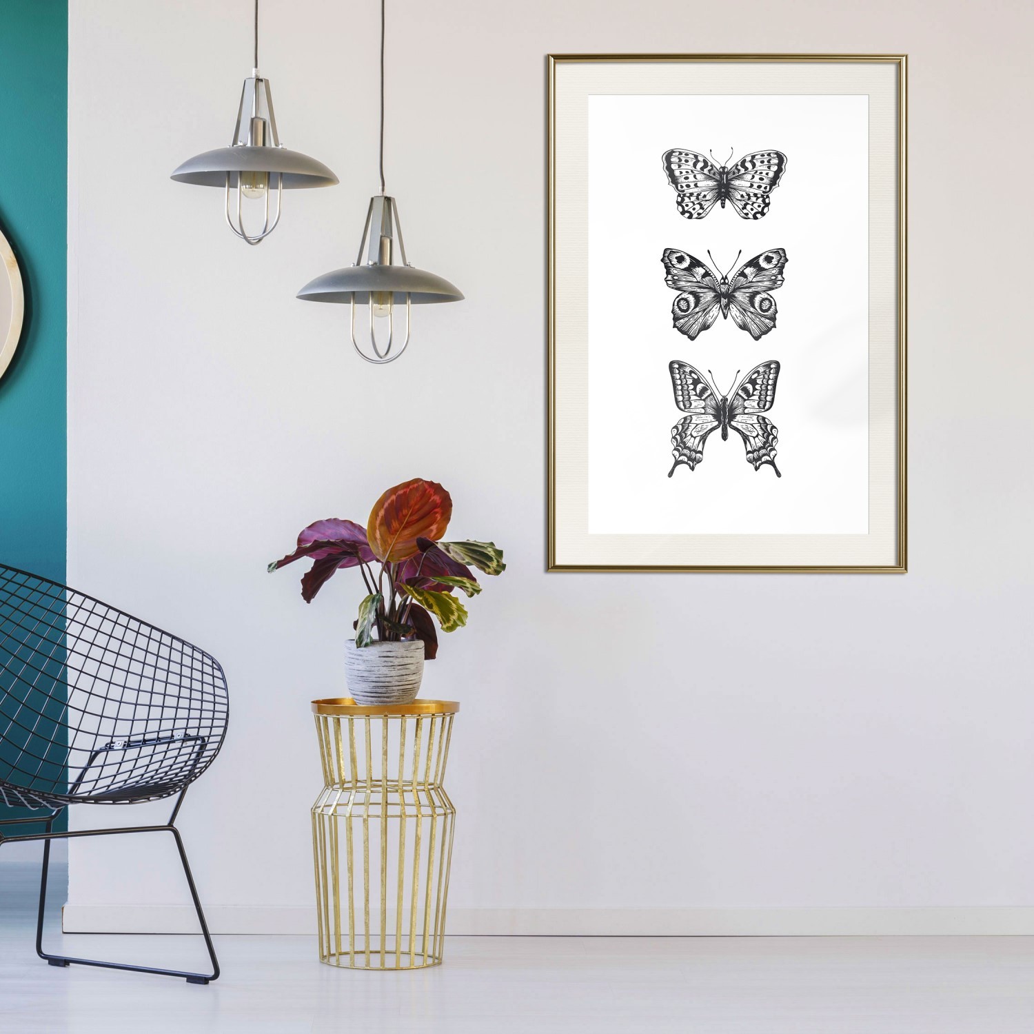 Affisch - Three Butterflies [Poster] 40x60 Guld ram med passepartout, 40x60 cm