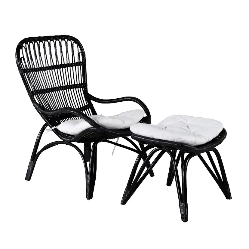 Ella Lounge Chair - BLACK rattan / Offwhite Cushion. inc. Ot Svart