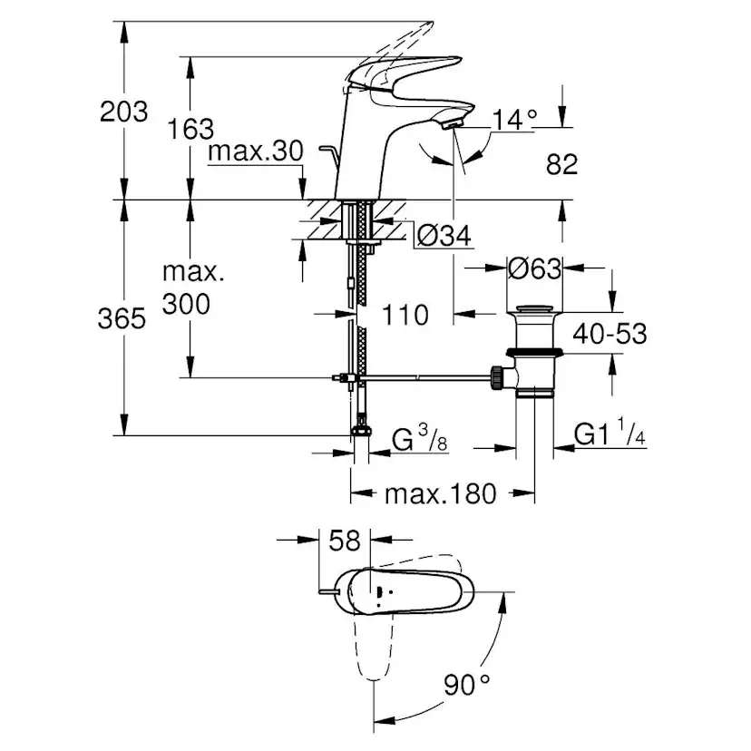 Tvättställsblandare Grohe Wave 23581 med Lyftventil
