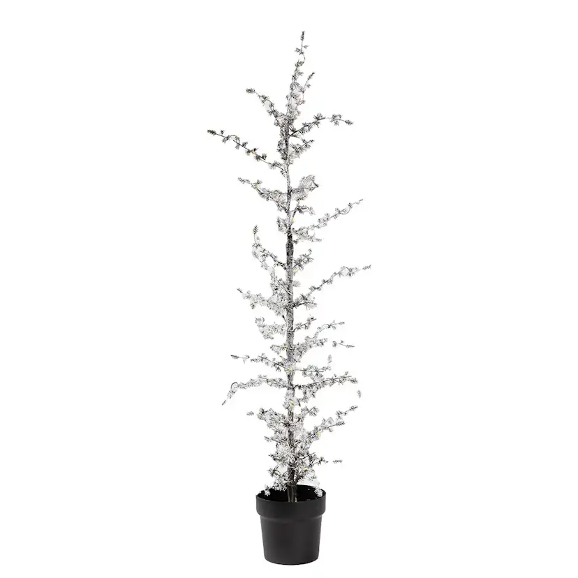 Plastgran Nordic Winter Konstgjort Lärkträd i Kruka med Snö och Ljus 120 cm