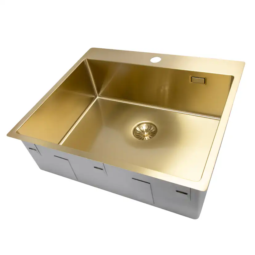 Enkelvask Strand Stainless SOLID med clips och blandarplats PVD Gold