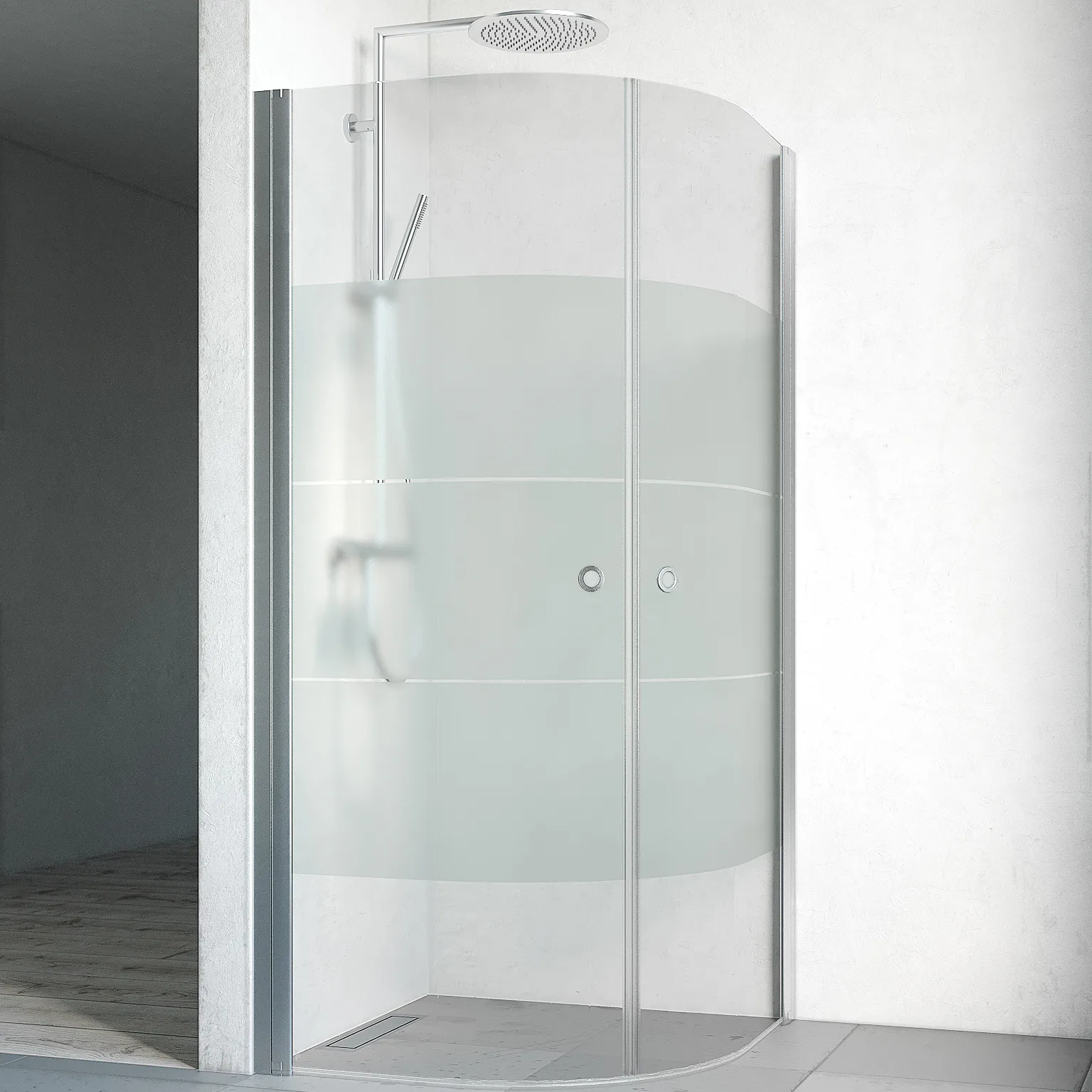 Spirit Rund 90x90 Gr Ma Sc 900x900x1970 mm, Matt Aluminium, Screentryckt glas med Hålgrepp