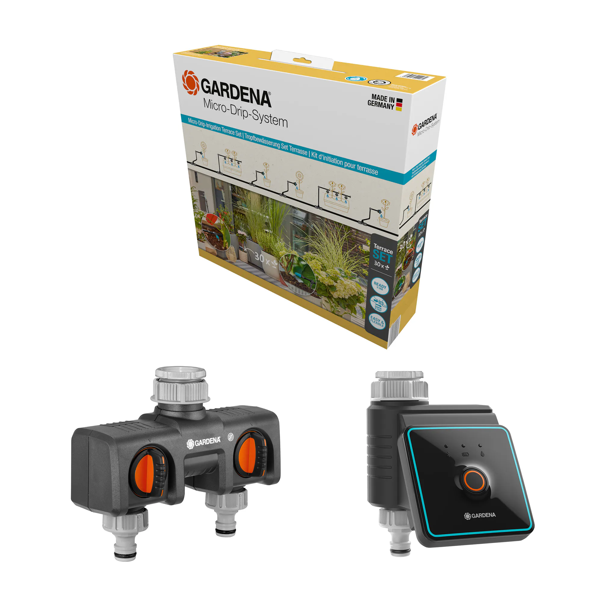 Micro-Drip Gardena Premiumpaket För Terrass med Vattenfördelare & Bevattningsdator