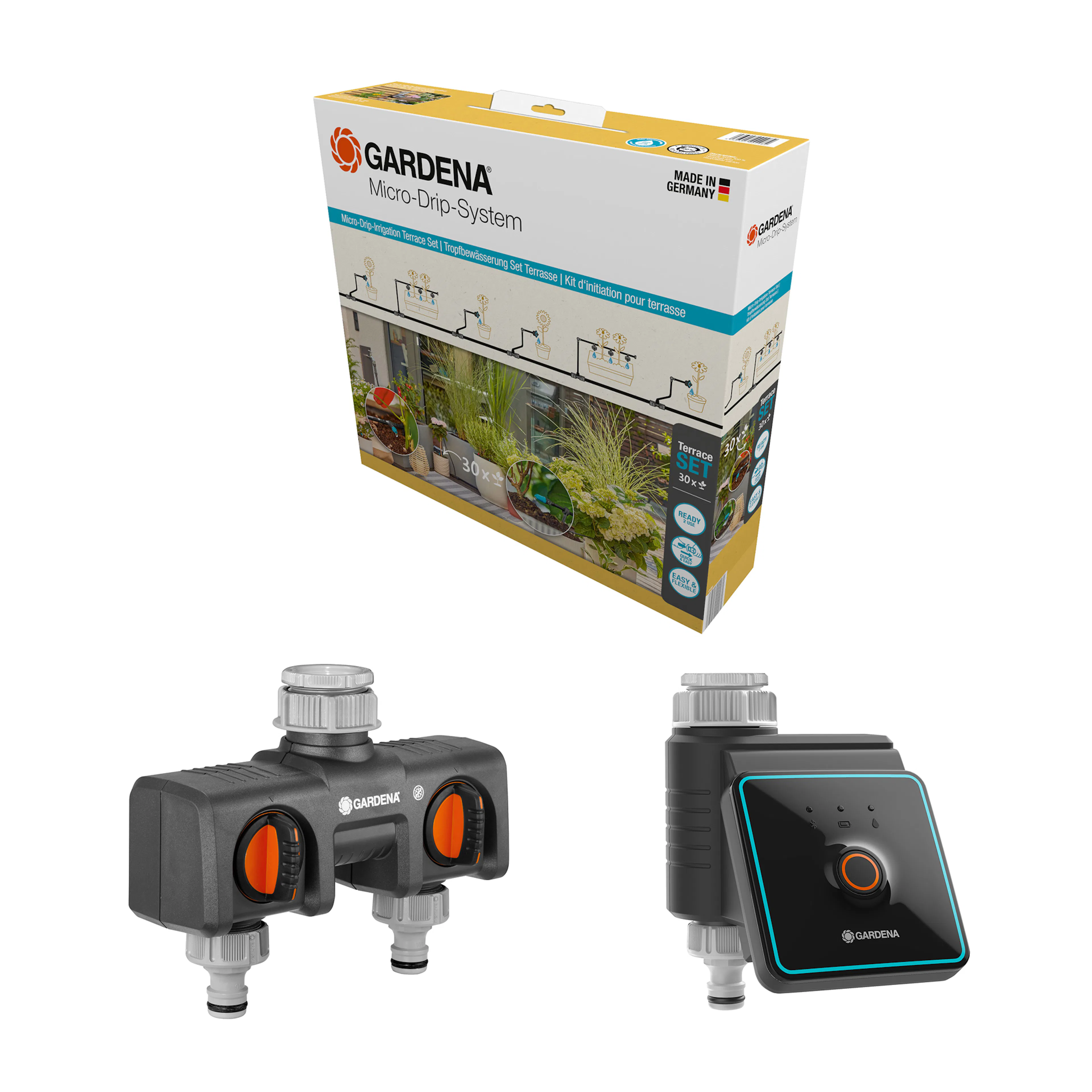Micro-Drip Gardena Premiumpaket För Terrass med Vattenfördelare & Bevattningsdator