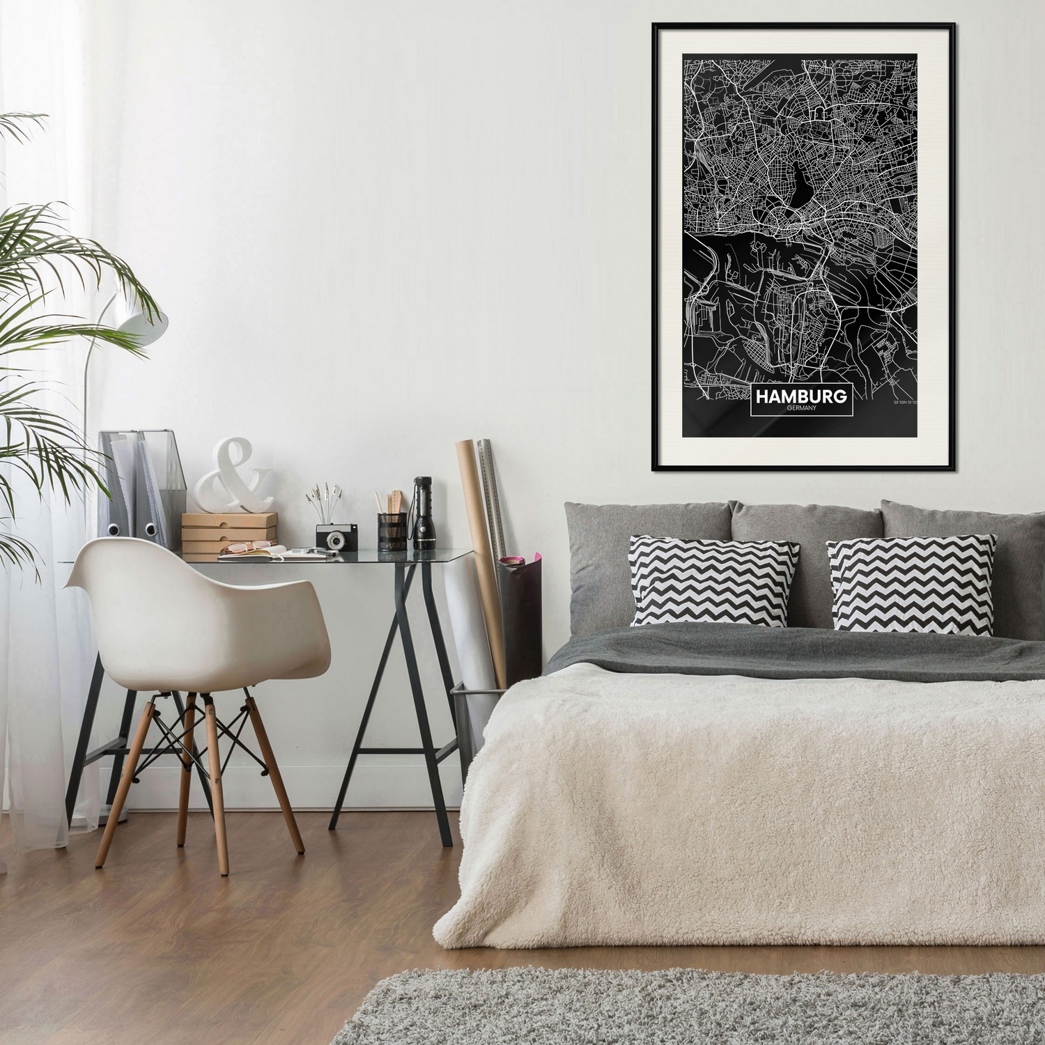 Affisch - Dark Map of Hamburg [Poster] 40x60 Svart ram med passepartout, 40x60 cm