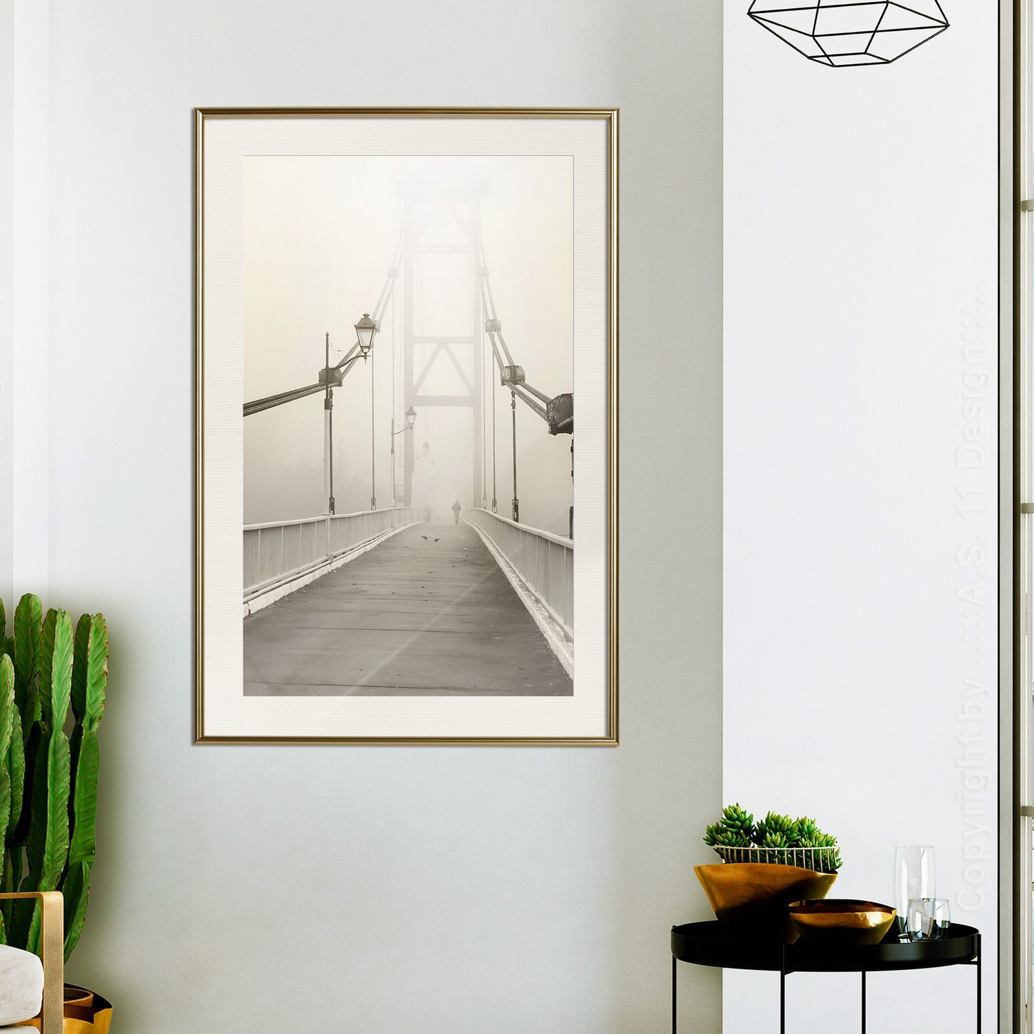 Affisch - Bridge in the Fog [Poster] 20x30 Guld ram med passepartout, 20x30 cm