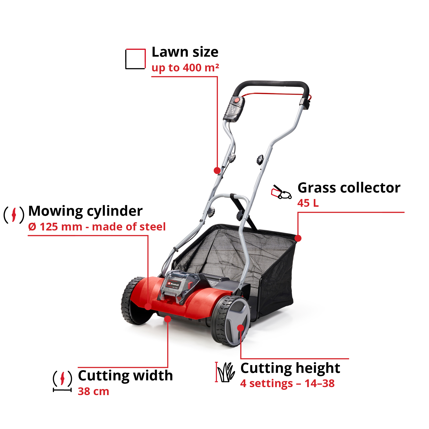 Cylindergräsklippare Einhell GE-HM 18/38 Li-Solo utan Batteri