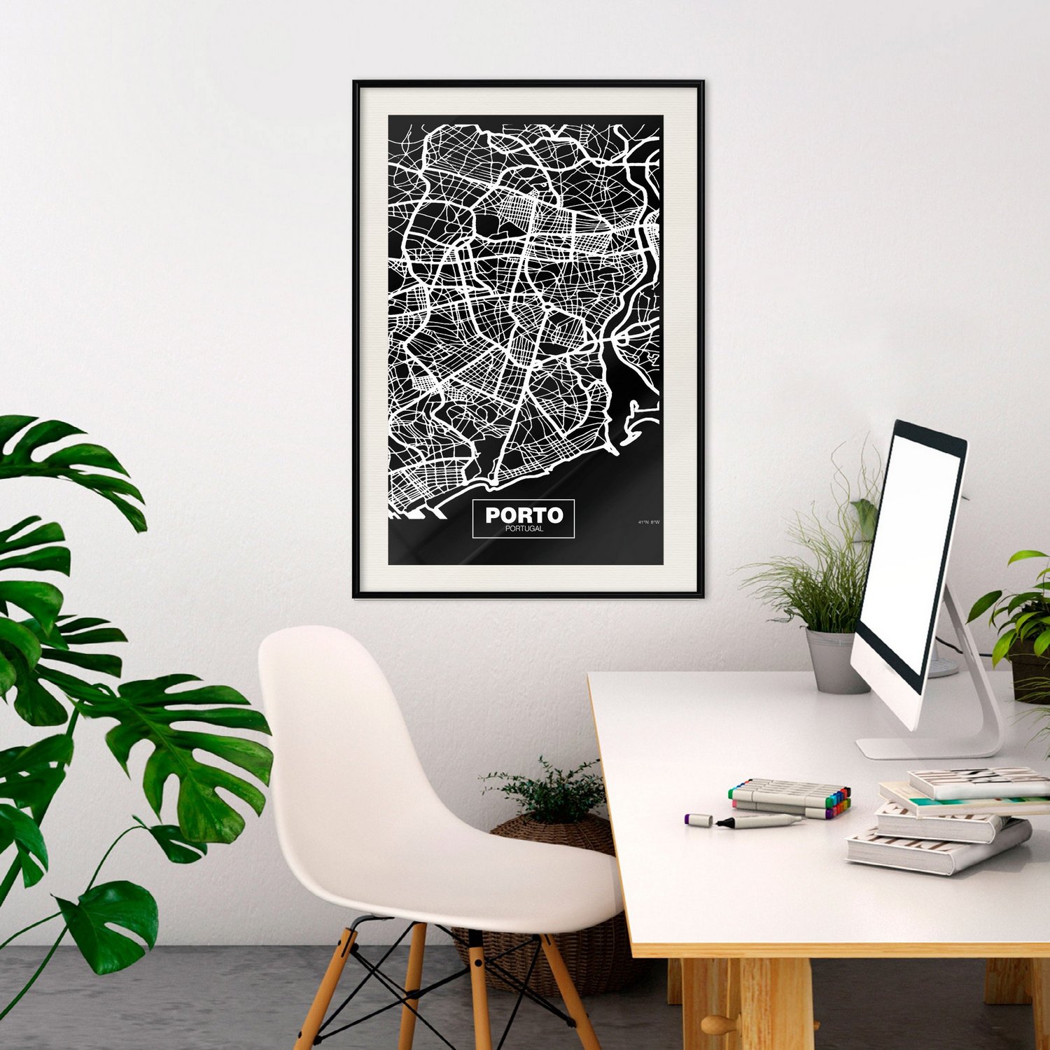 Affisch - Negative Map: Porto [Poster] 20x30 Svart ram med passepartout, 20x30 cm