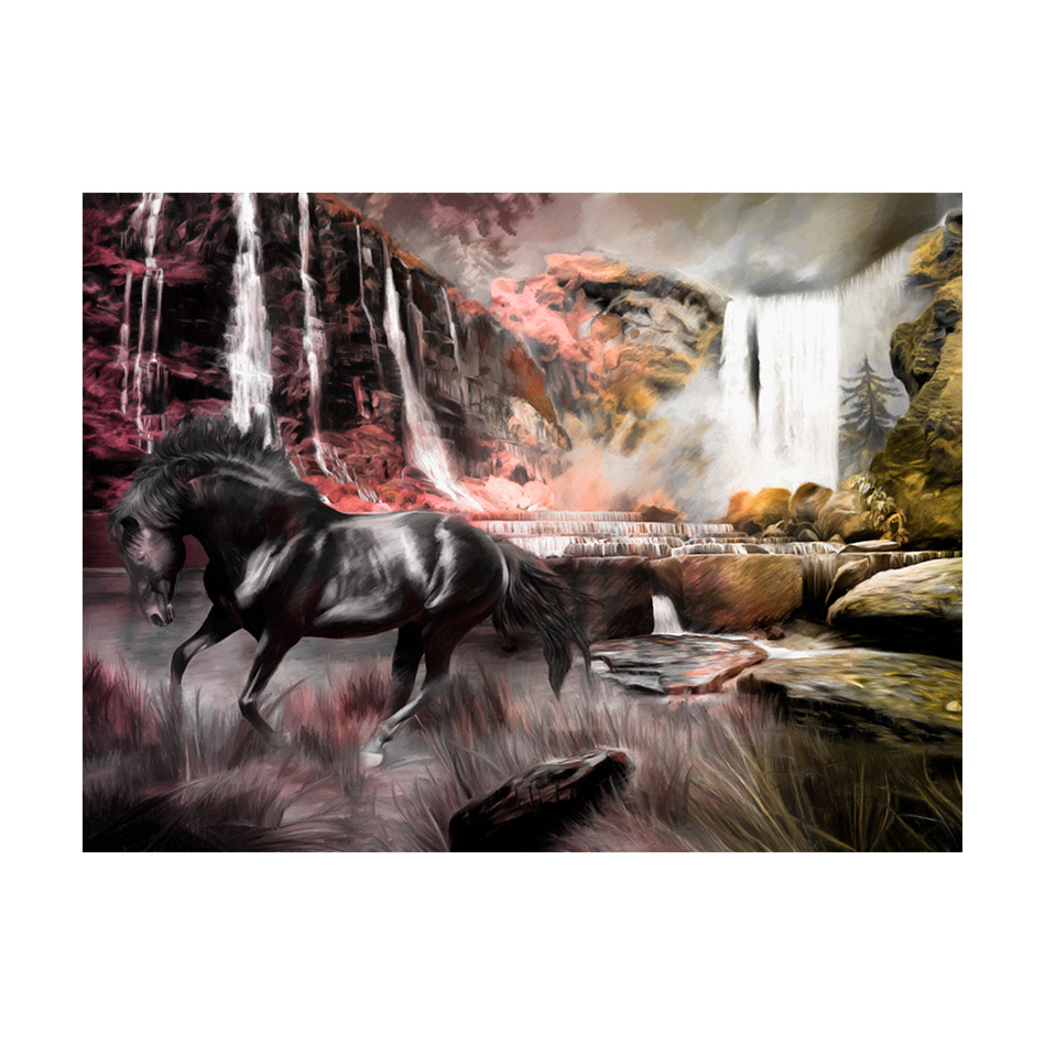 Svart häst med ett vattenfall 300x231 Storlek: 300x231 cm