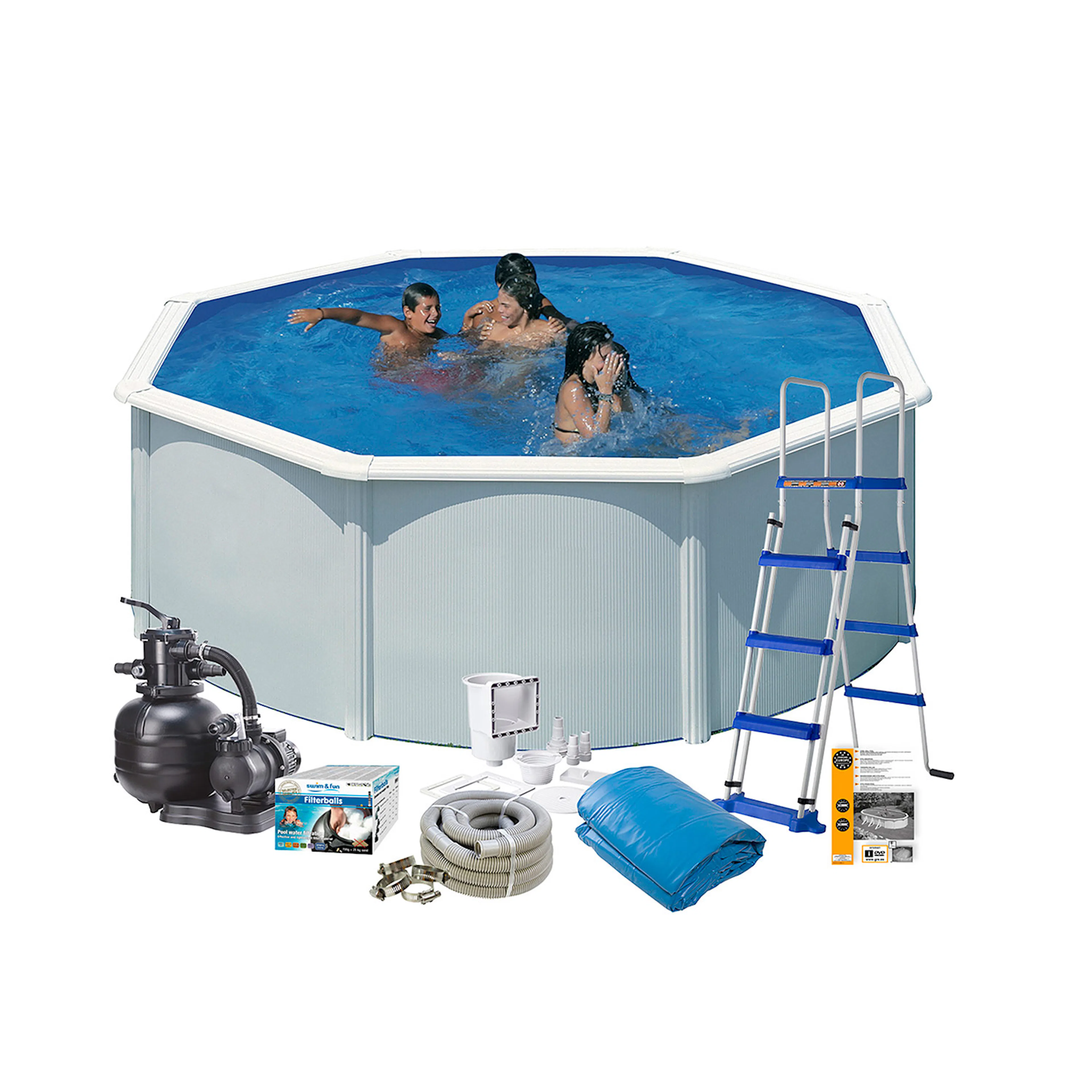 Poolpaket Swim & Fun White Steel Rund Baspaket 120 cm Djup