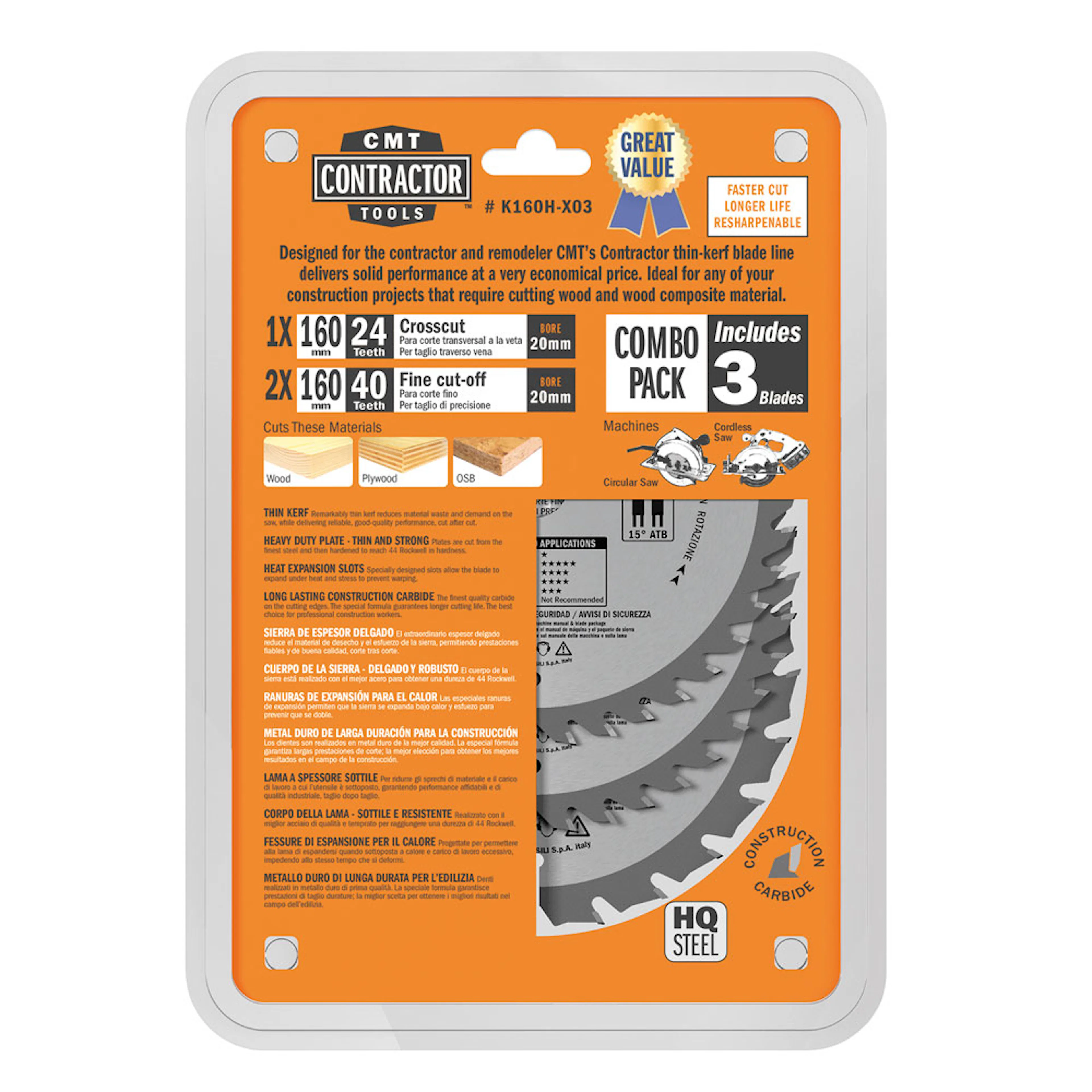 Sågklinga CMT Orange Tools Contractor Set 3 delar 160x20 Z24-40-40 W C