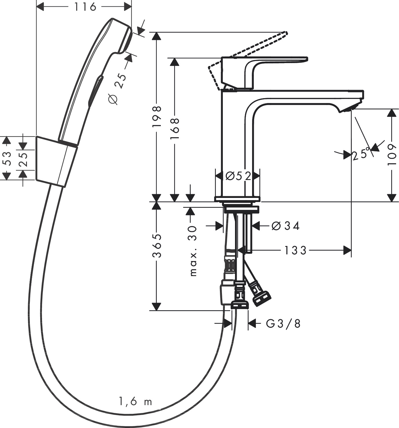 Tvättställsblandare Hansgrohe Rebris S 1-grepps 110 med Bidettehanddusch och Duschslang 160 cm utan Bottenventil