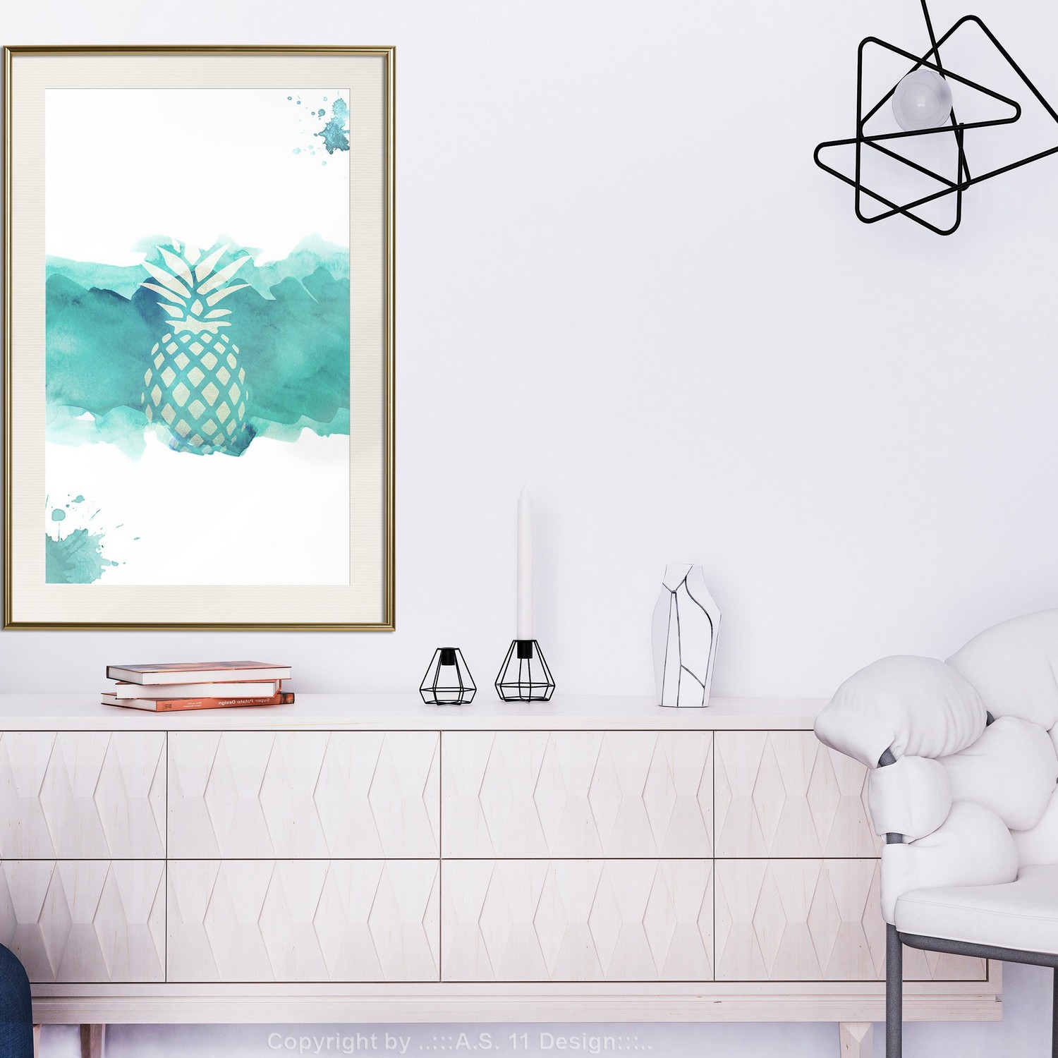 Affisch - Pineapple in Watercolours [Poster] 40x60 Guld ram med passepartout, 40x60 cm