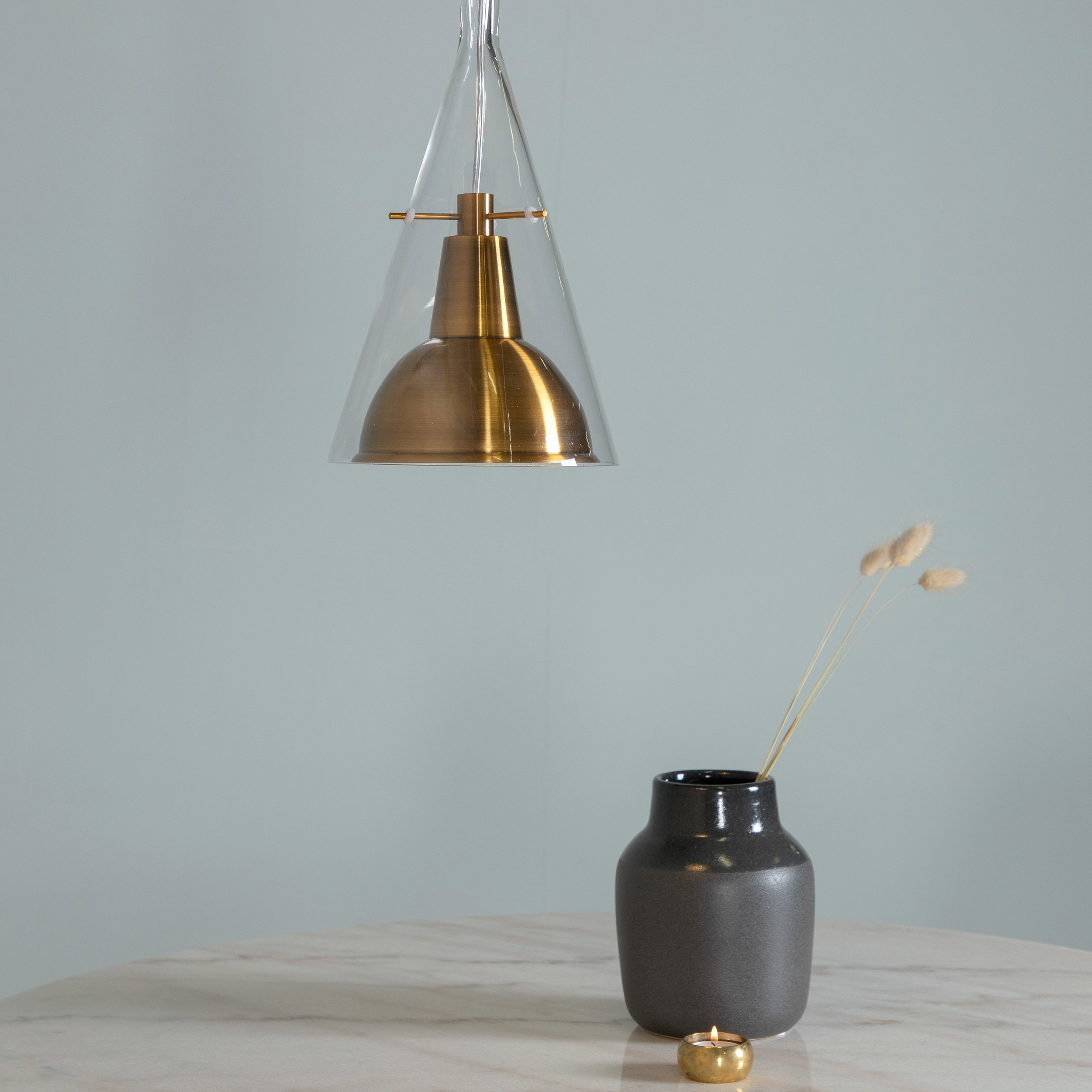 Sirius Pendant clear glass with gold metal D250*H400 Guld