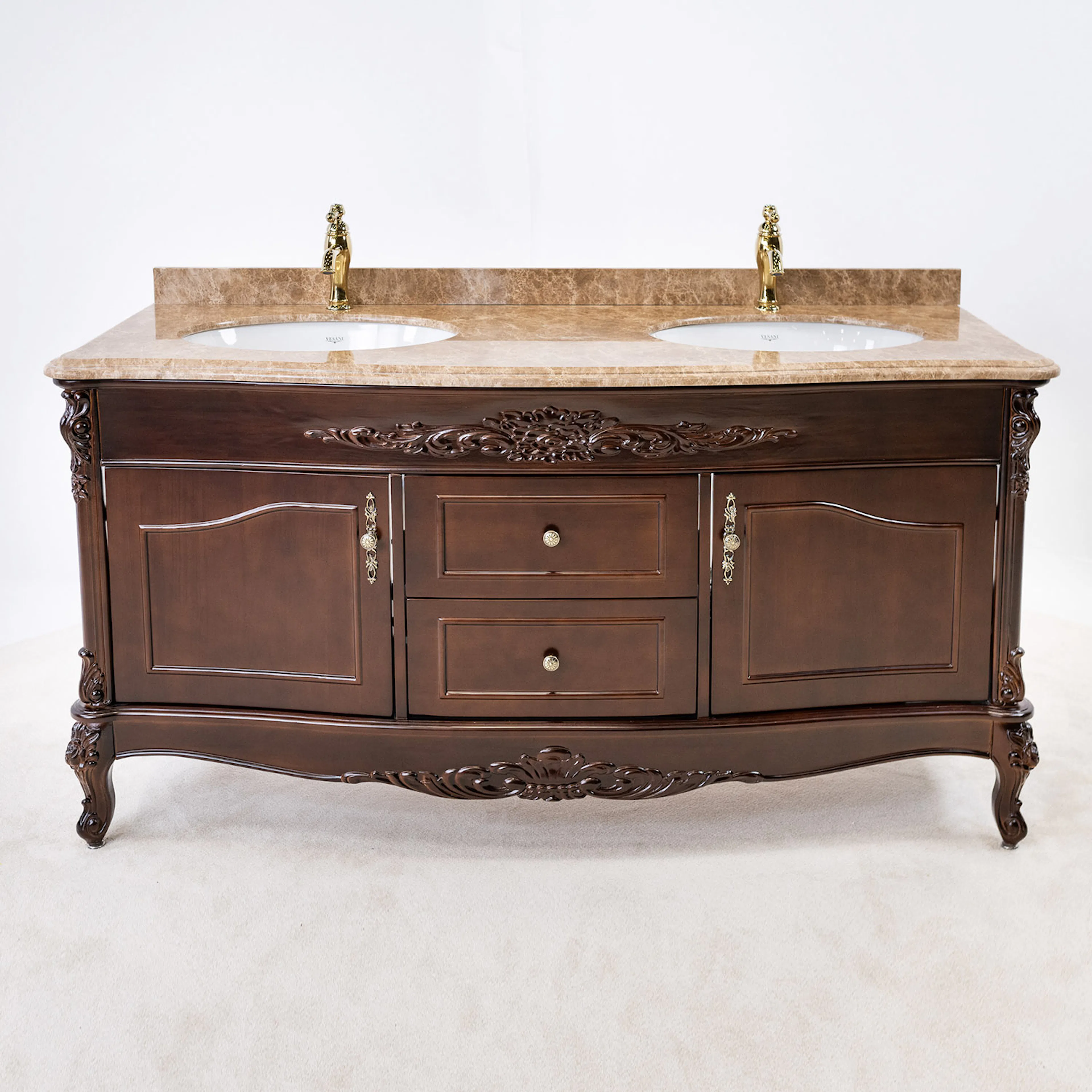 Dubbelhandfat Kommod 160cm Ottawa Mörkbrun - Beige Marmor Mörkbrun