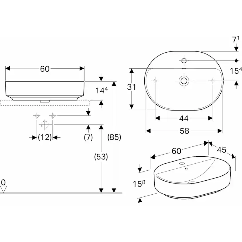Tvättställ Geberit Variform 600 mm Lay-on Elliptiskt Kanthylla
