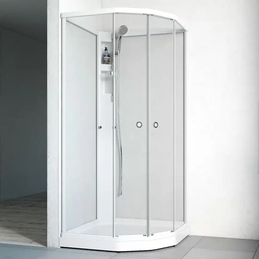 Flow kab Semi UtpBl 8x8 V KLV 810x810x1990 mm, Vit Profil, Klarglas/Vit bakvägg
