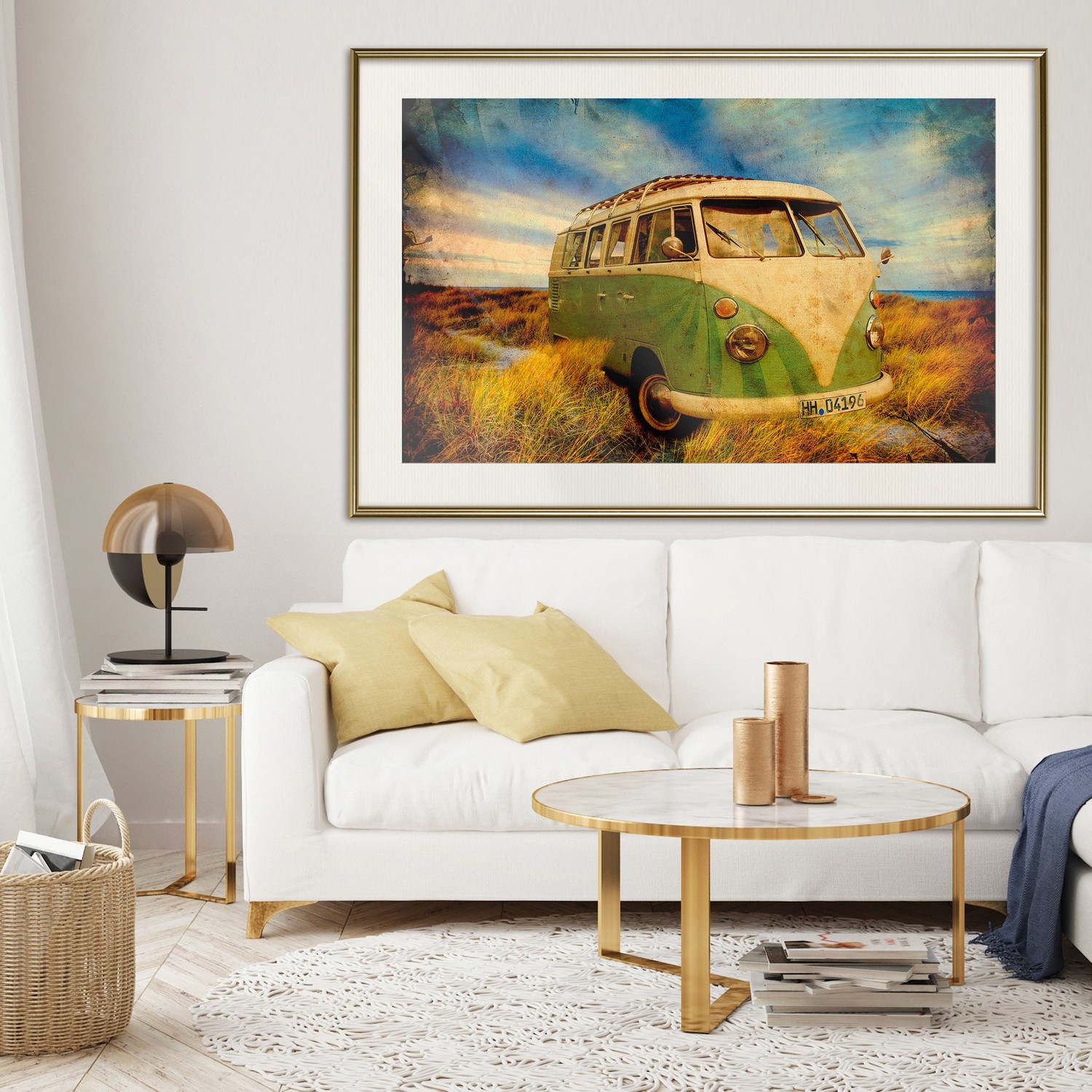 Affisch - Retro Bus [Poster] 45x30 Guld ram med passepartout, 45x30 cm