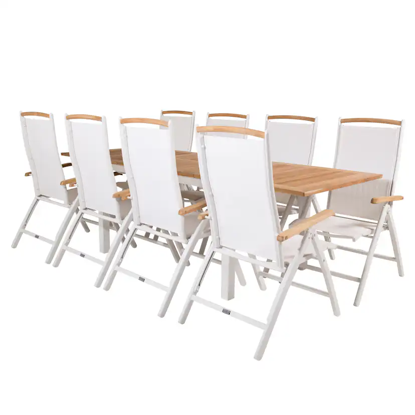 Panama Bord160/240*90-vit/Teak+Panama stol5:pos-vit/vitTeak8 Teak Bord med Vita Ben, Vit Stol