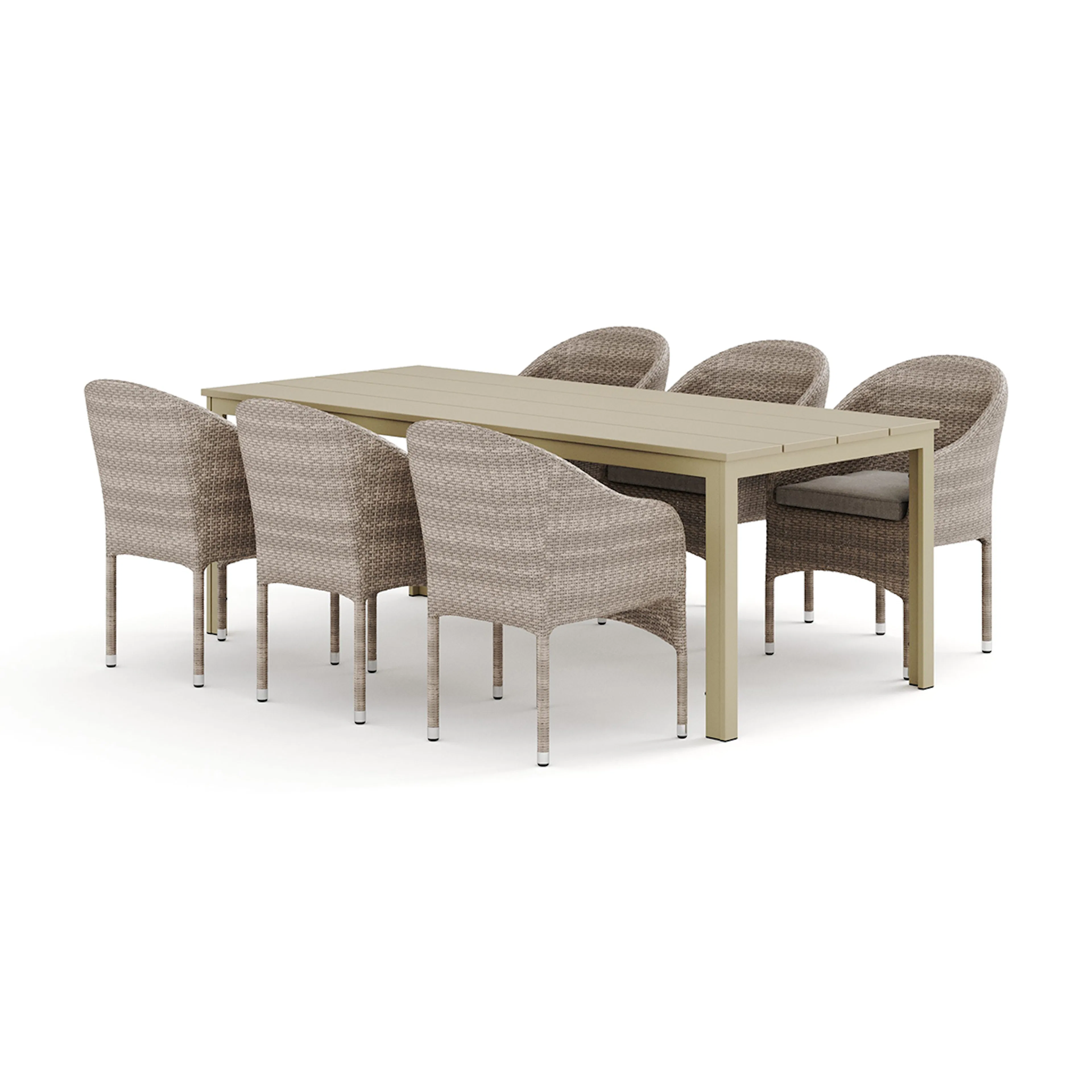Trädgårdsgrupp Comfort Garden Tunis utomhus matgrupp 205x90 cm med 6 Thor fåtöljer