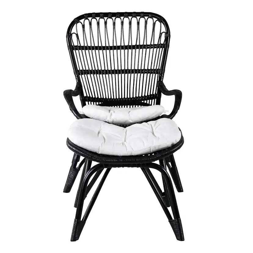 Ella Lounge Chair - BLACK rattan / Offwhite Cushion. inc. Ot Svart