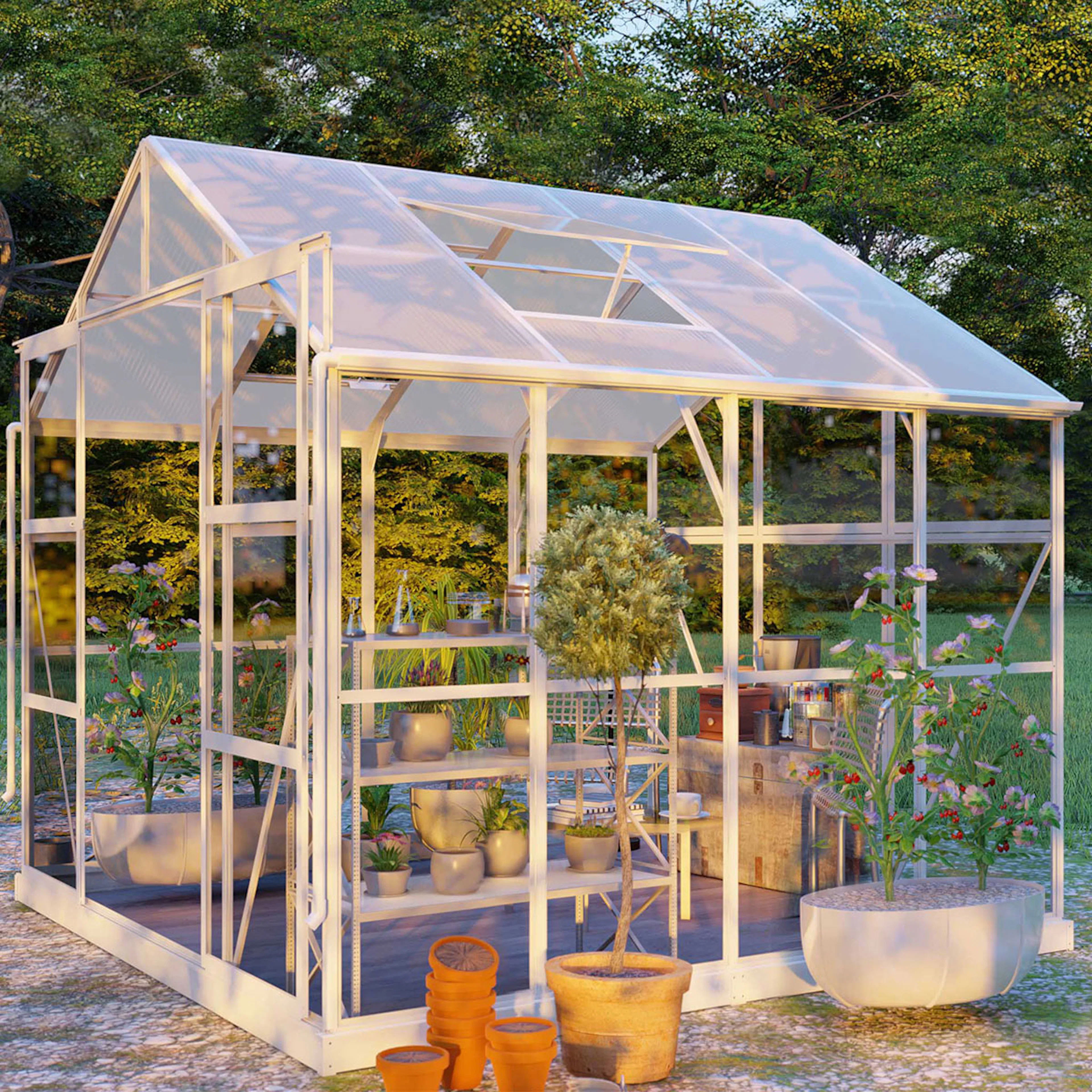 Växthus 6,4m², glas, pc-tak (250X257X228CM), Vit Vit