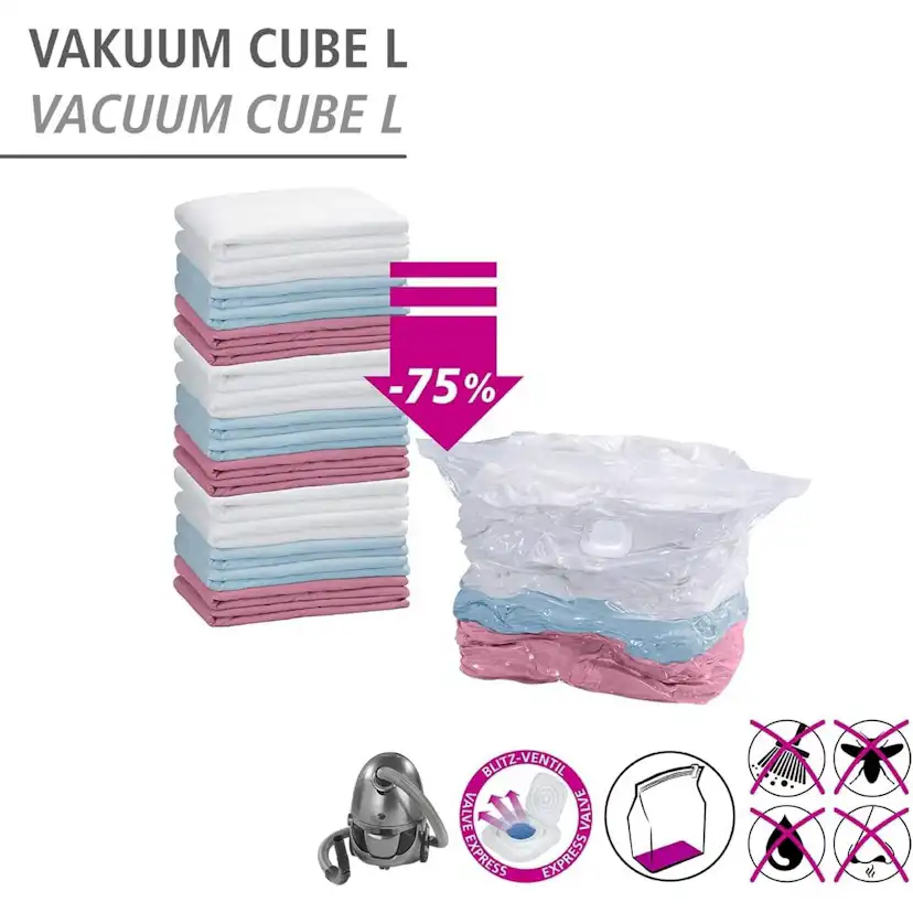 Vakuumpåse WENKO Vakuum Platsbesparande Klädförvaring Kub L 70x100x35 cm