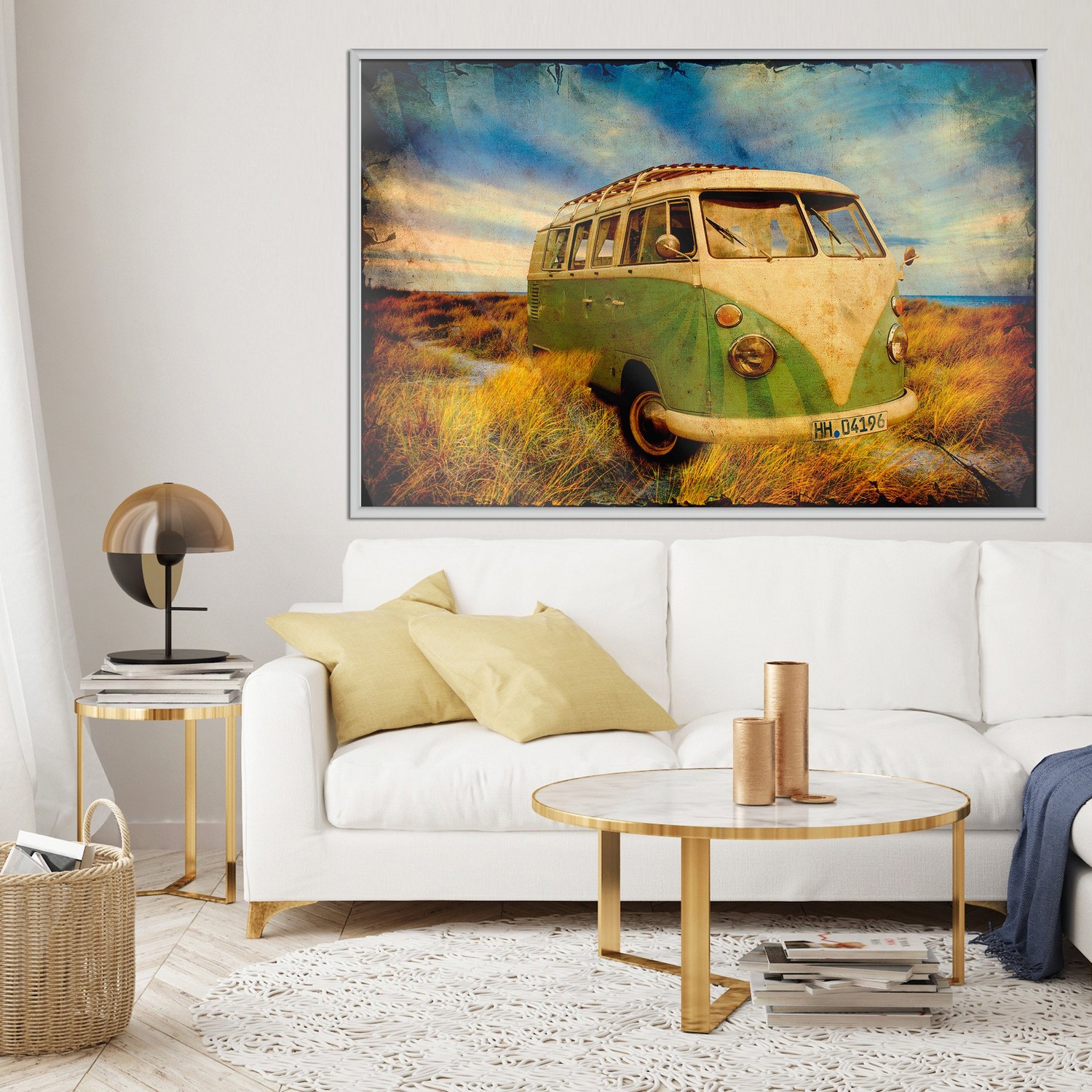 Affisch - Retro Bus [Poster] 90x60 Vit ram, 90x60 cm