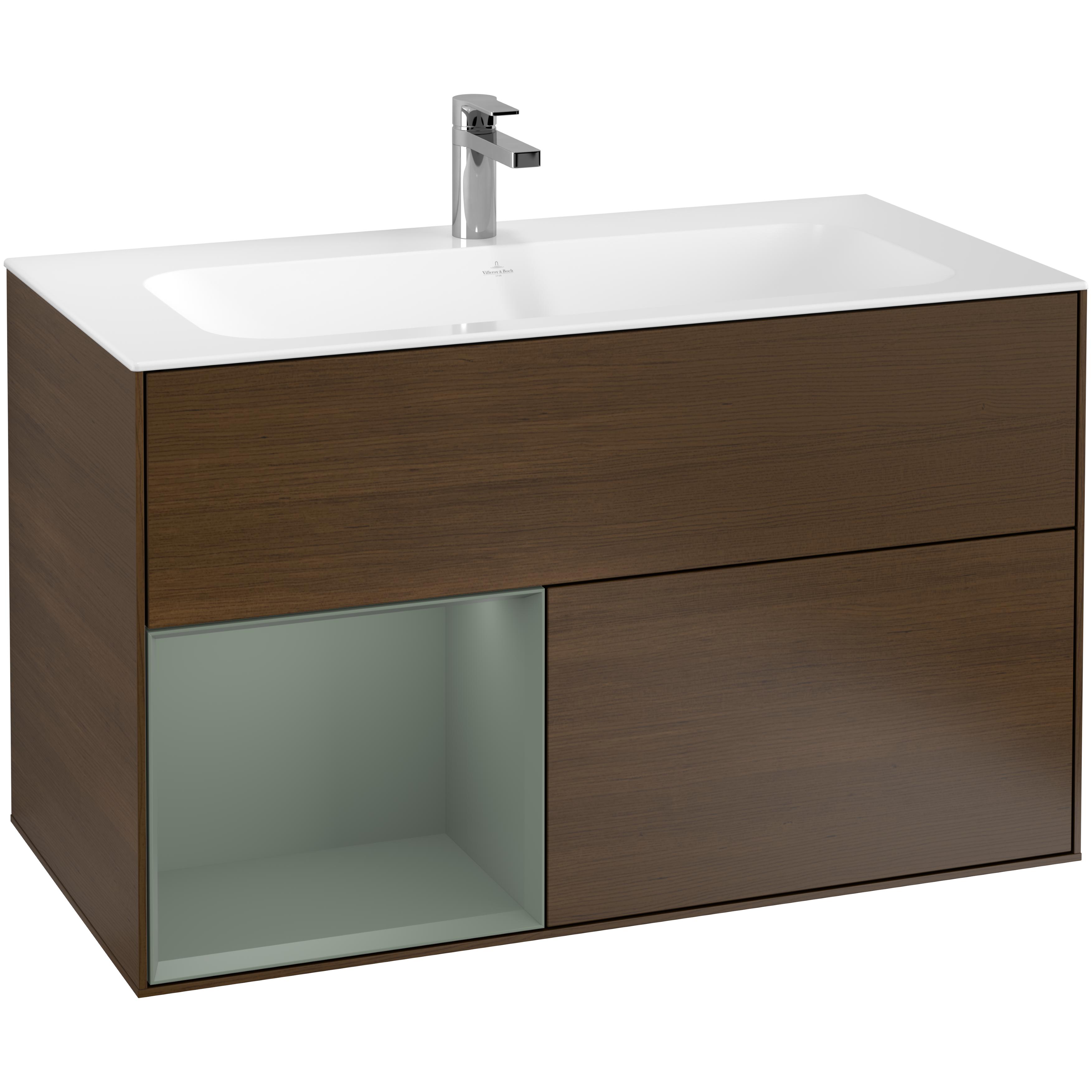 Tvättställsskåp Villeroy & Boch Finion G030GMGN Valnötsfanér/Oliv Mattlack med Väggbelysning, Lucka Vänster