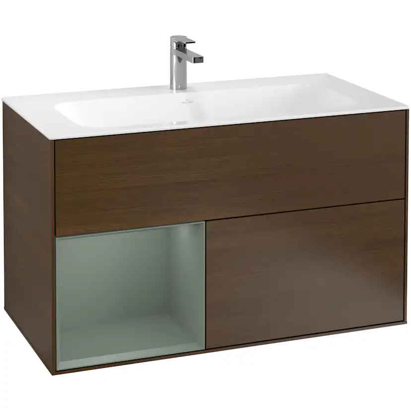 Tvättställsskåp Villeroy & Boch Finion G030GMGN Valnötsfanér/Oliv Mattlack med Väggbelysning, Lucka Vänster