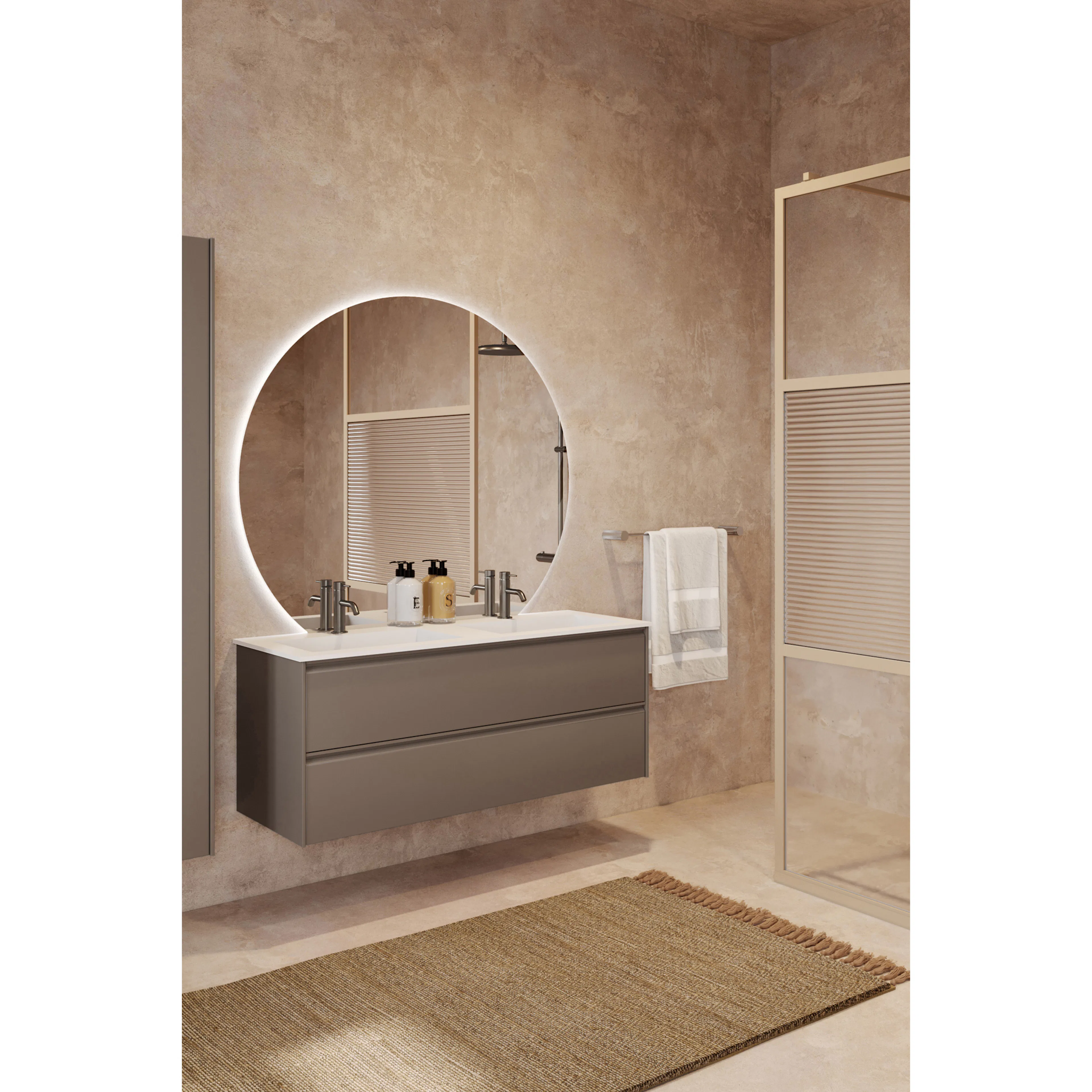 Tvättställsskåp Hietakari Luna L05 med Dubbla Tvättställ i Corian,Matt Beige,, 1210x510x460