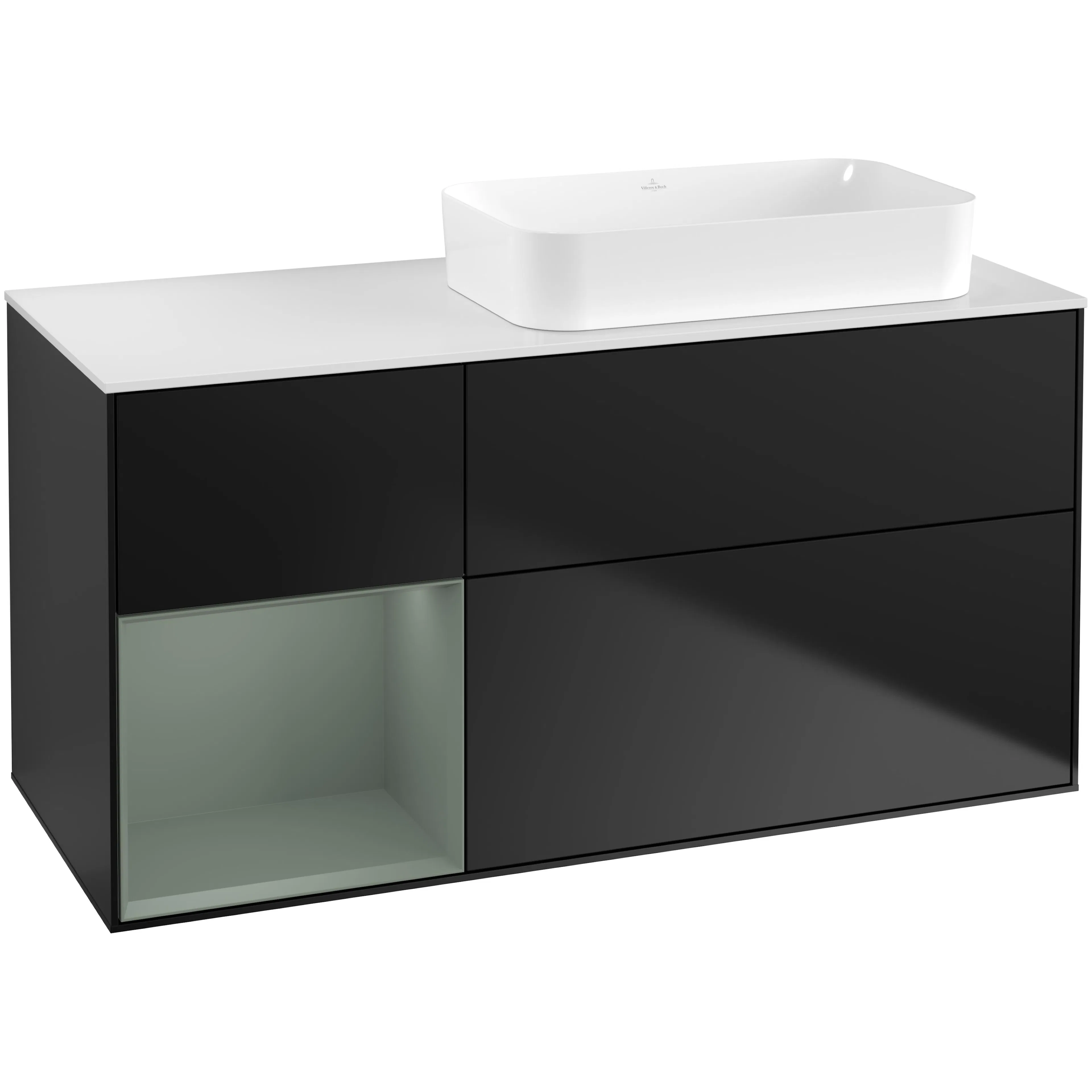 Tvättställsskåp Villeroy & Boch Finion F681GMPD Svart Mattlack/Oliv Mattlack med bänkskiva i Mattvitt glas, Lucka Vänster utan Blandarhål