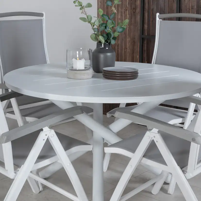 Alma Dining Table - White Alu - ø120cm+Albany 5:pos Chair - Vit