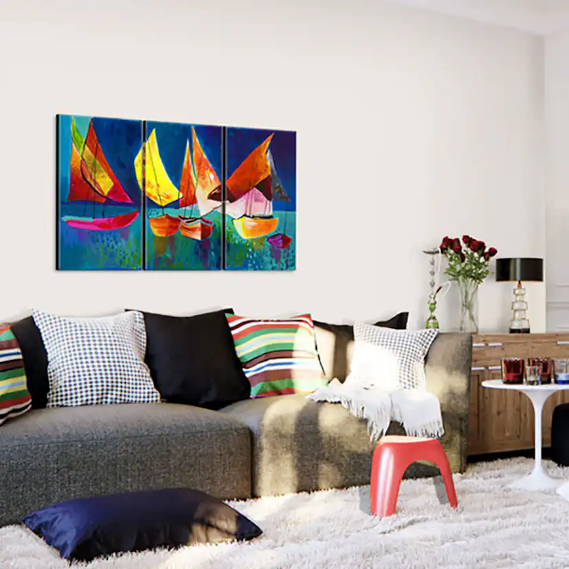 Handmålad Tavla Arkiio Färgfulla Segelbåtar 120x80